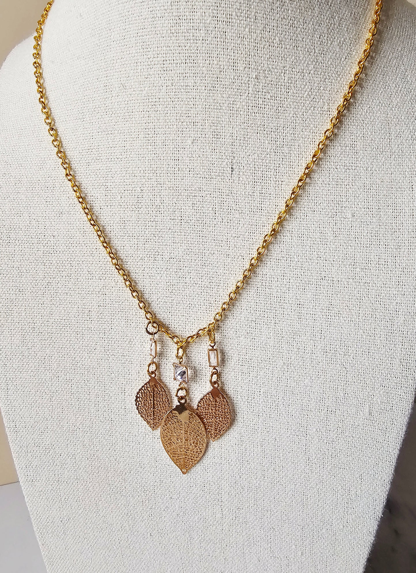 3-Gold Leaf & Clear Rhinestone Bezel Boho Necklace on Yellow Gold Chain