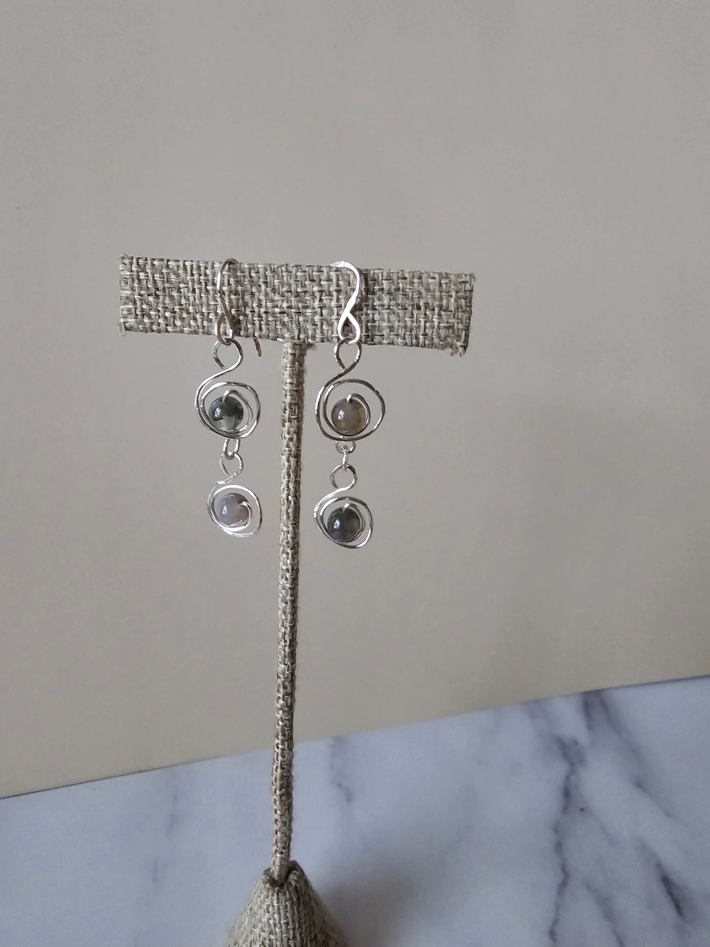 Artisan Silver Plated Green Jasper Wire Wrapped Circular Drop Earrings
