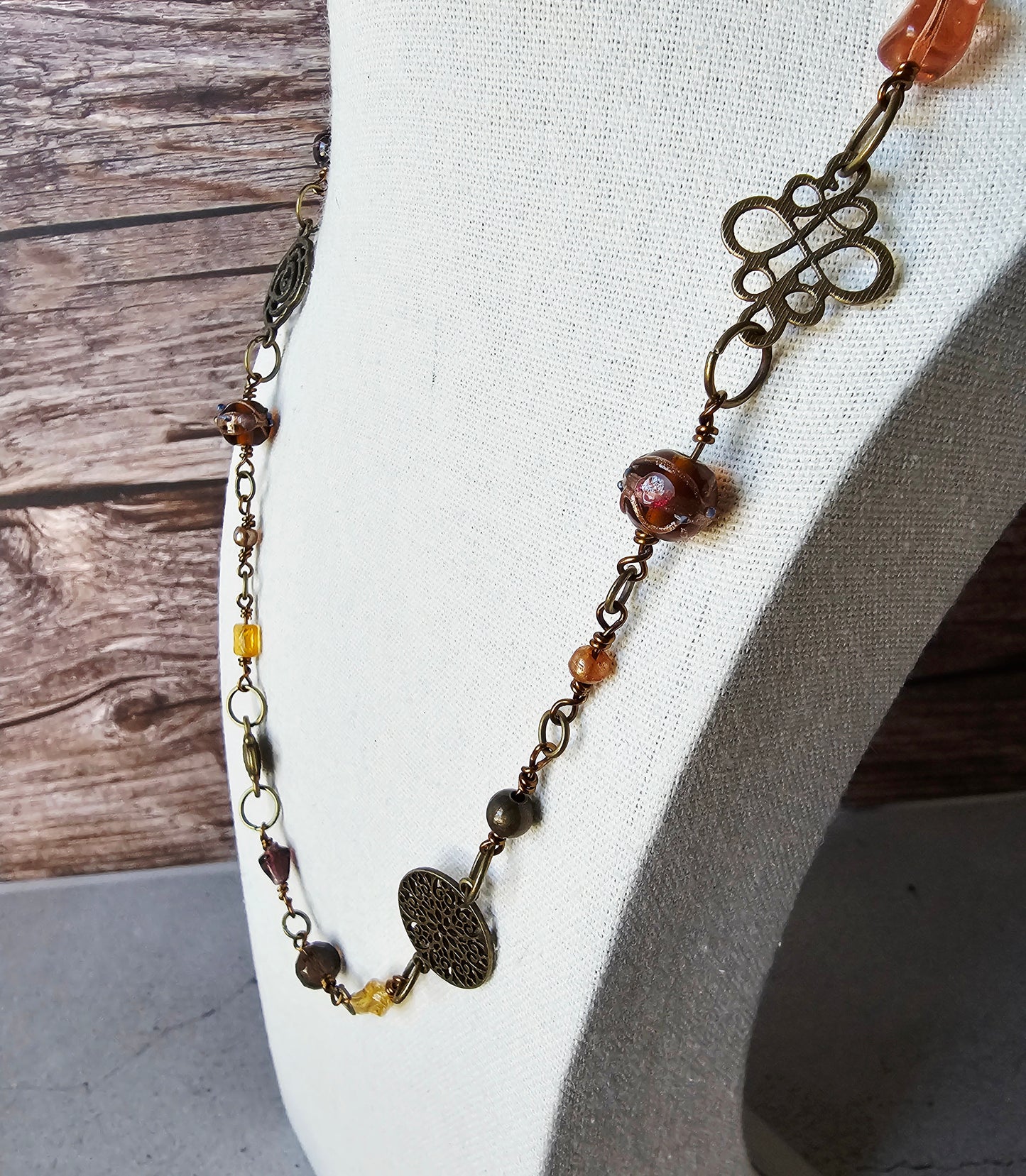 Antique Bronze Charm & Multicolor Amber Glass Bead Artisan Necklace 28"