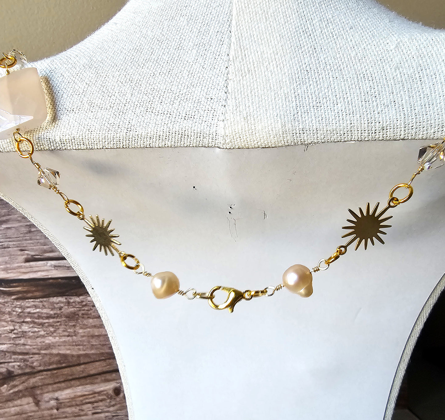 Artisan Gold Sunburst Wire Wrap Necklace with Freshwater Pearl, Acrylic, Glass, Rhinestone Beads