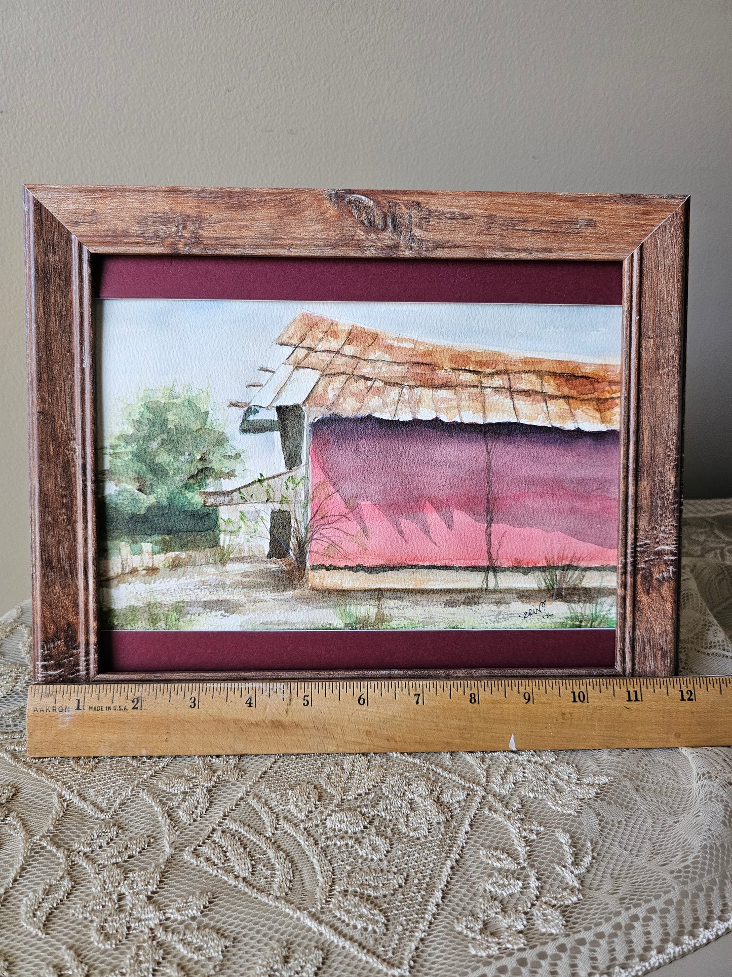 New Watercolor Framed Painting 'Rusty Barn' W/Half Matte, Wood Frame