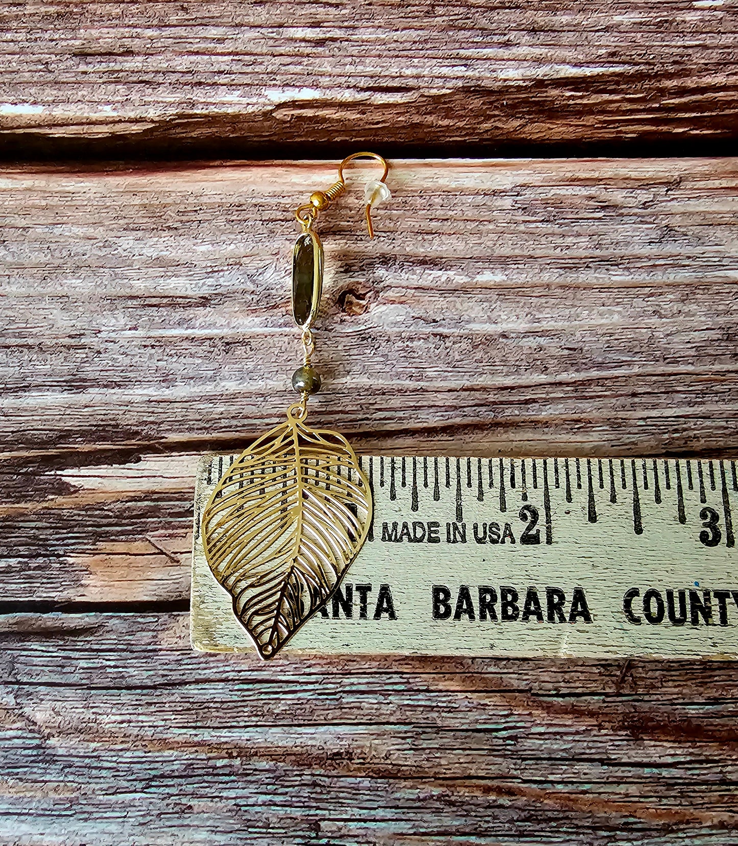 New Artisan Gold Palm Leaf Charm Earrings W/Smoky Rhinestone Bezel Beads 3x1"