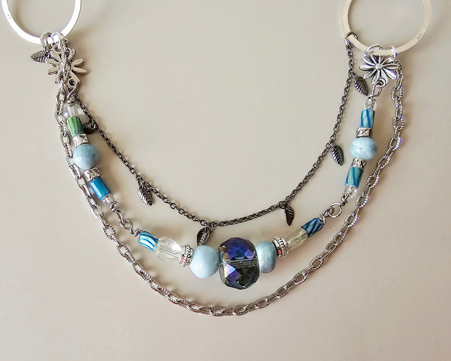 New Artisan Pale Blue, Silver and Iridescent Glass Purse Jewelry Chain Decor