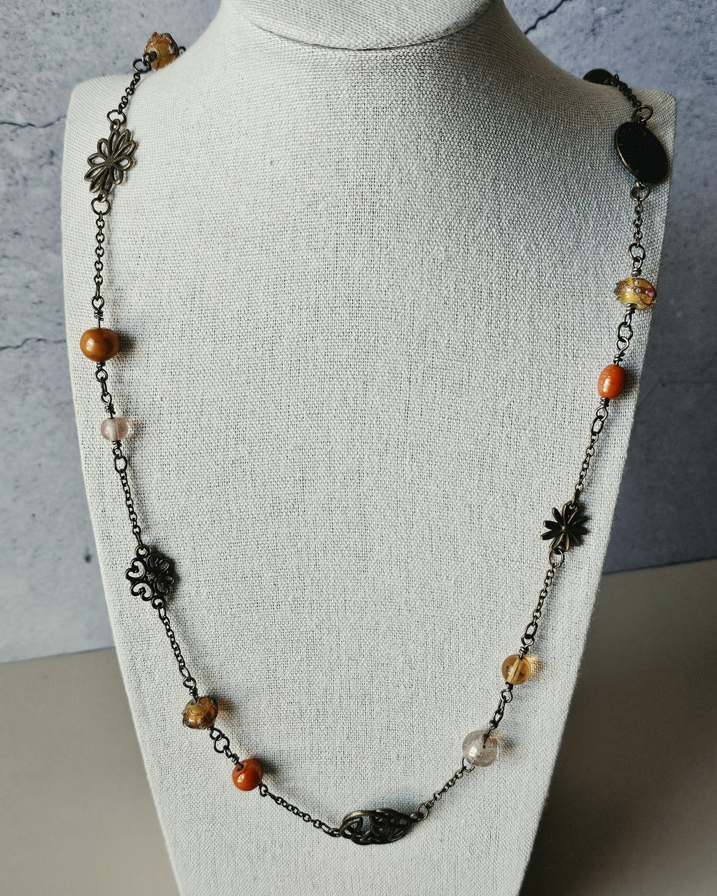 New Artisan Antique Bronze Charm, Glass and Jasper Bead Necklace 26"