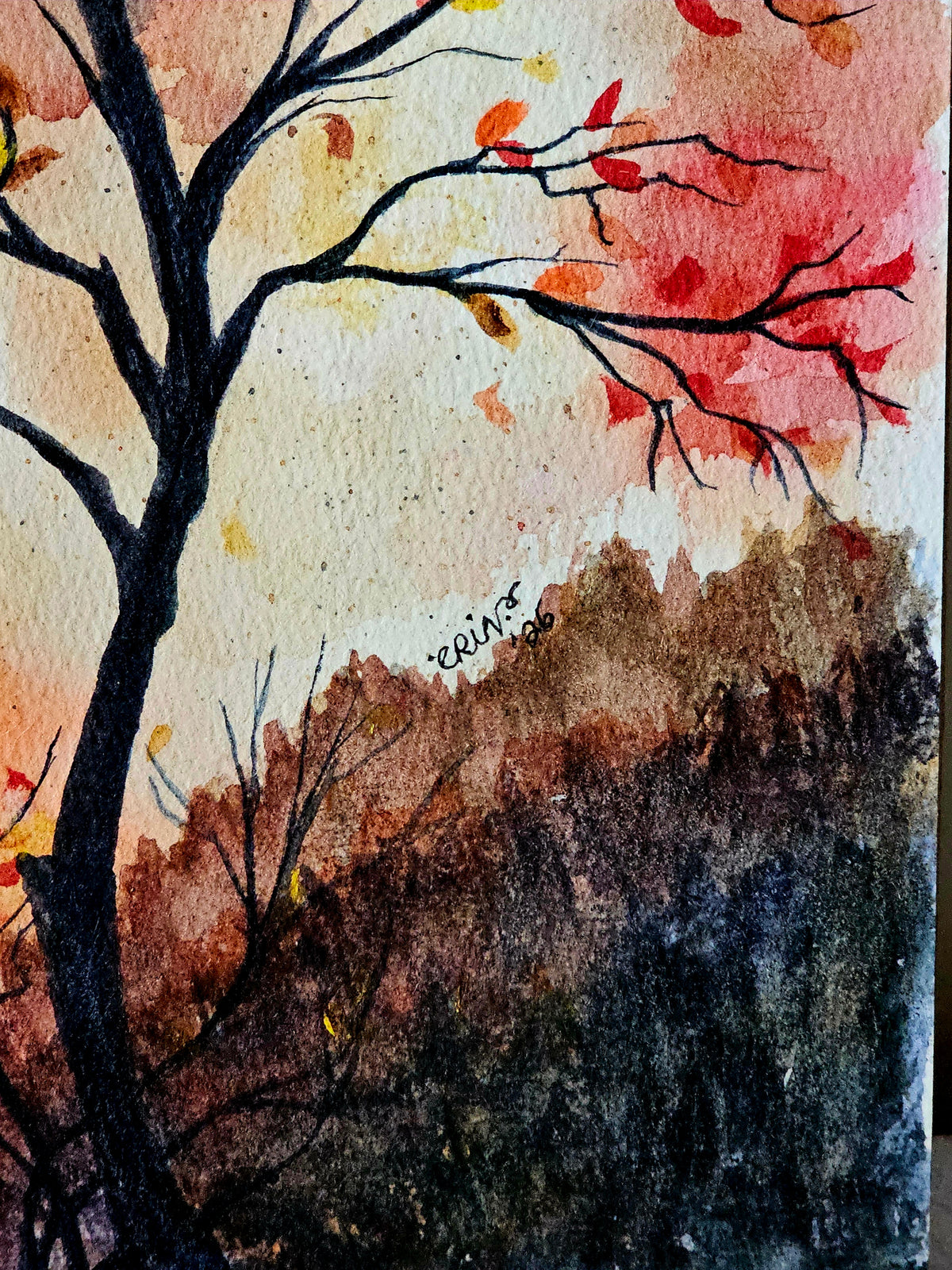 Original Watercolor Fall Painting 'Fall Into the Sunset' Thanksgiving Art 11x14