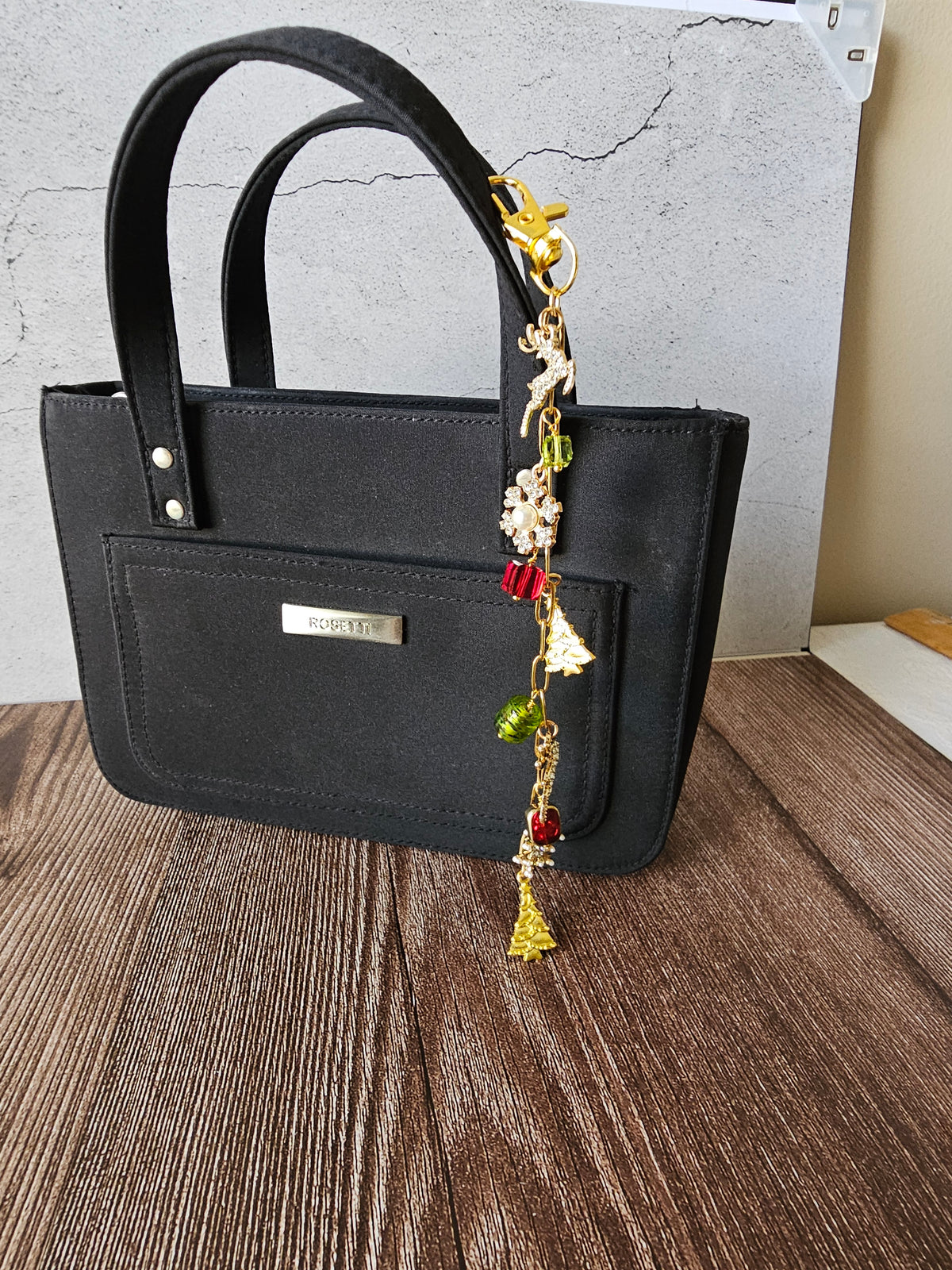 Christmas Purse Chain Lanyard With Charms, Red & Green Crystal Beads 8" Gold Tone