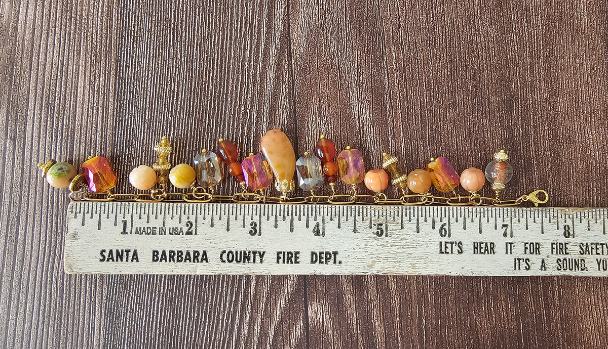 Fall Charm Artisan Bracelet With Crystal Jewel, Peach Jade & Aventurine Beads 7.5"
