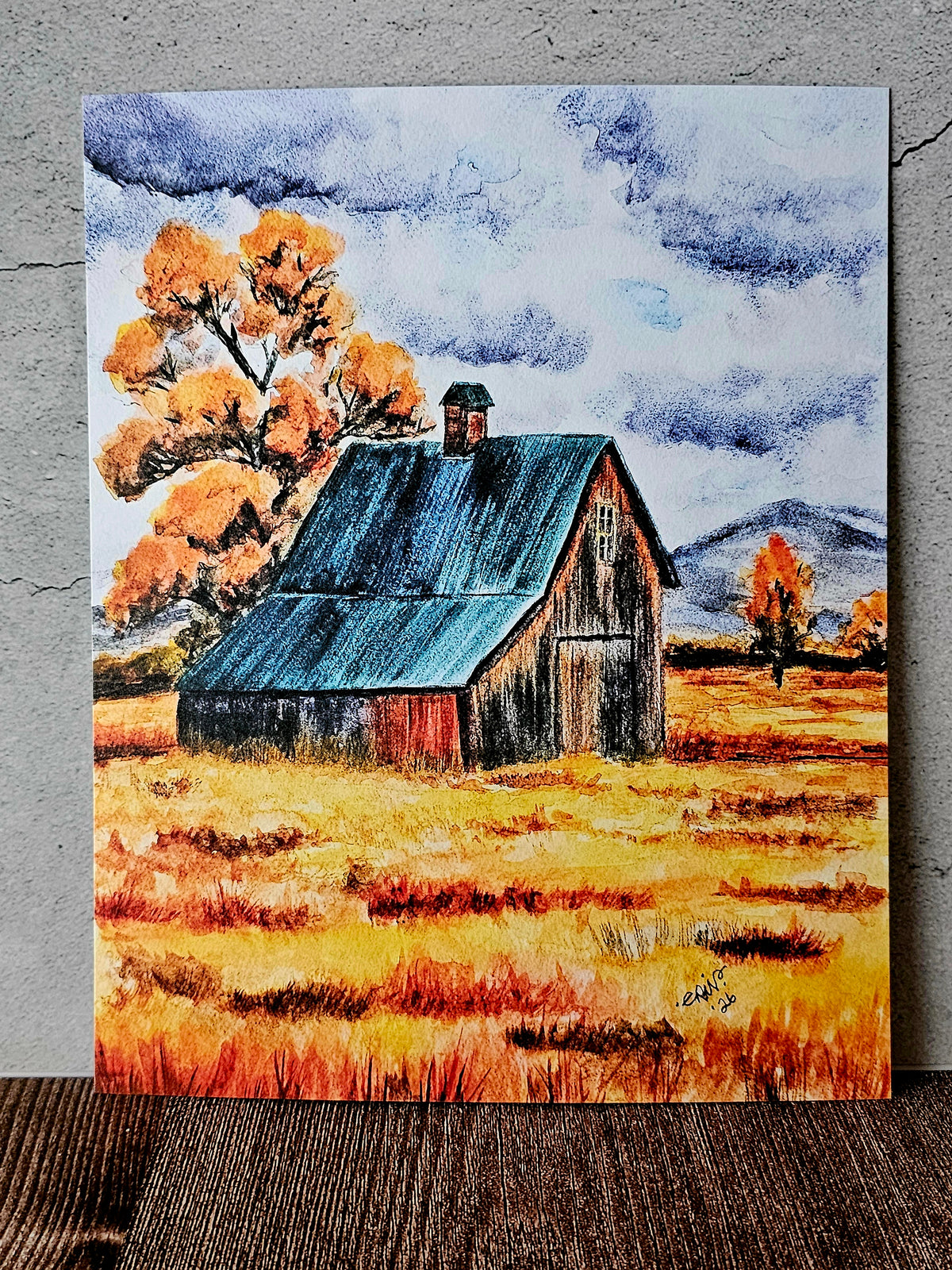 Fall Watercolor Art Painting Print of Rustic Autumn Barn 8x10"