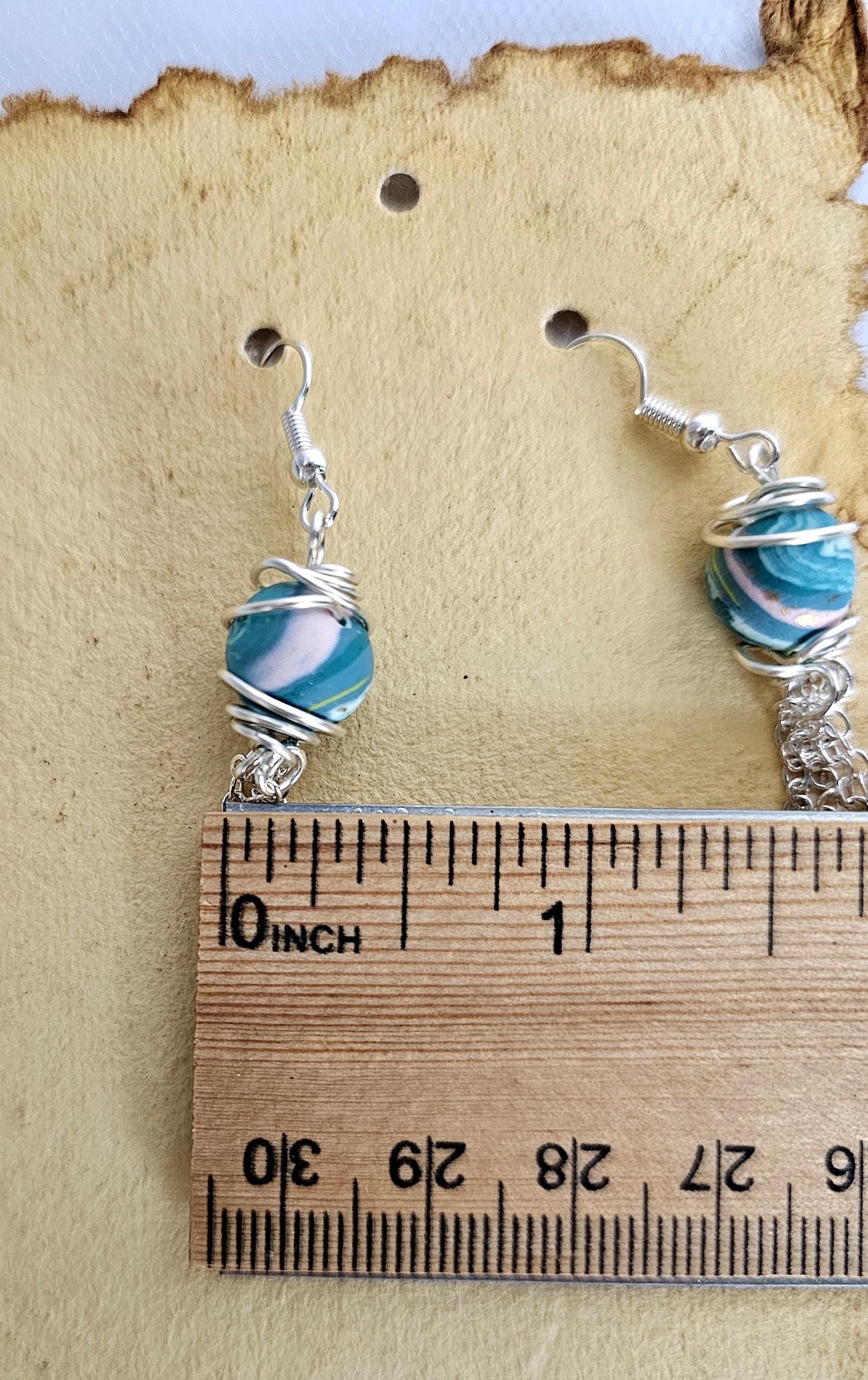 Artisan Turquoise Clay Bead Dangle Earrings with Silver Chain Tassel