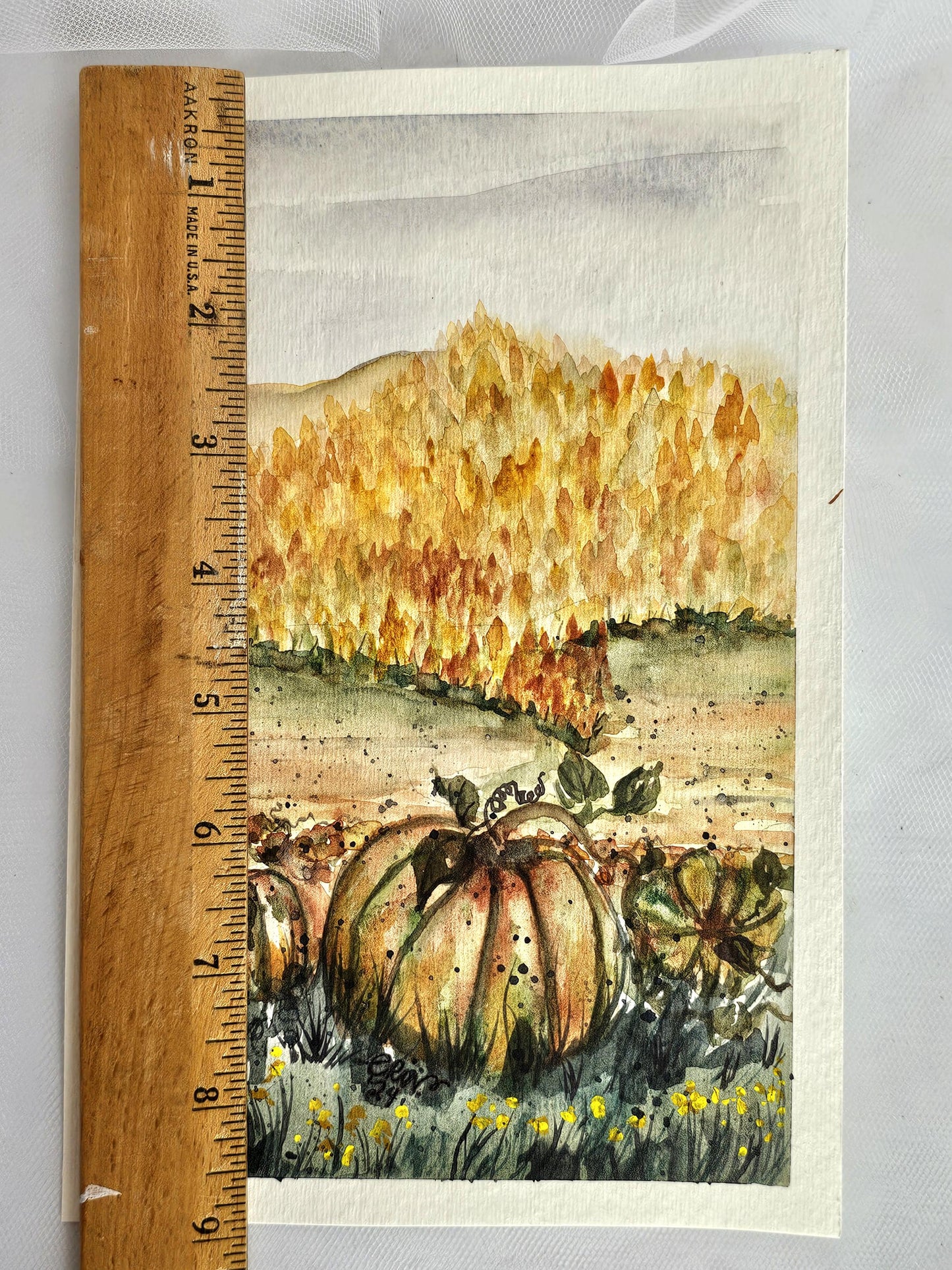 Original Watercolor Art Painting 'Pumpkins in a Field' Unframed 9x6 Autumn Fall Theme