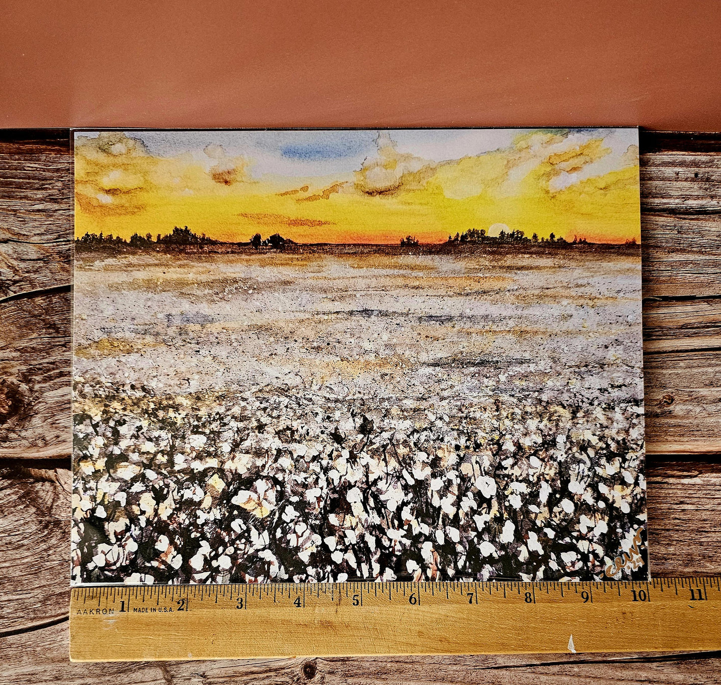 Watercolor Art Print Painting 'Alabama Cotton Sunset' Unframed 8x10" With Backing & Slipcover