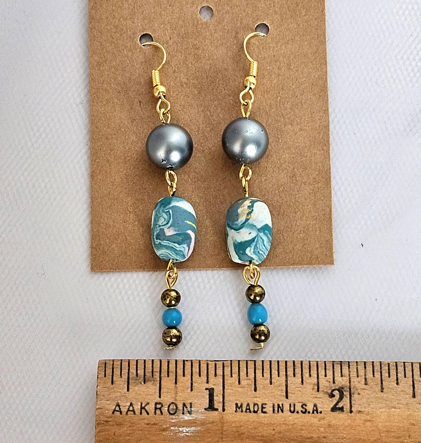 Handmade Turquoise Clay/Plastic/Brass Dangle Earrings on Hypo Aller Gold Tone Hooks