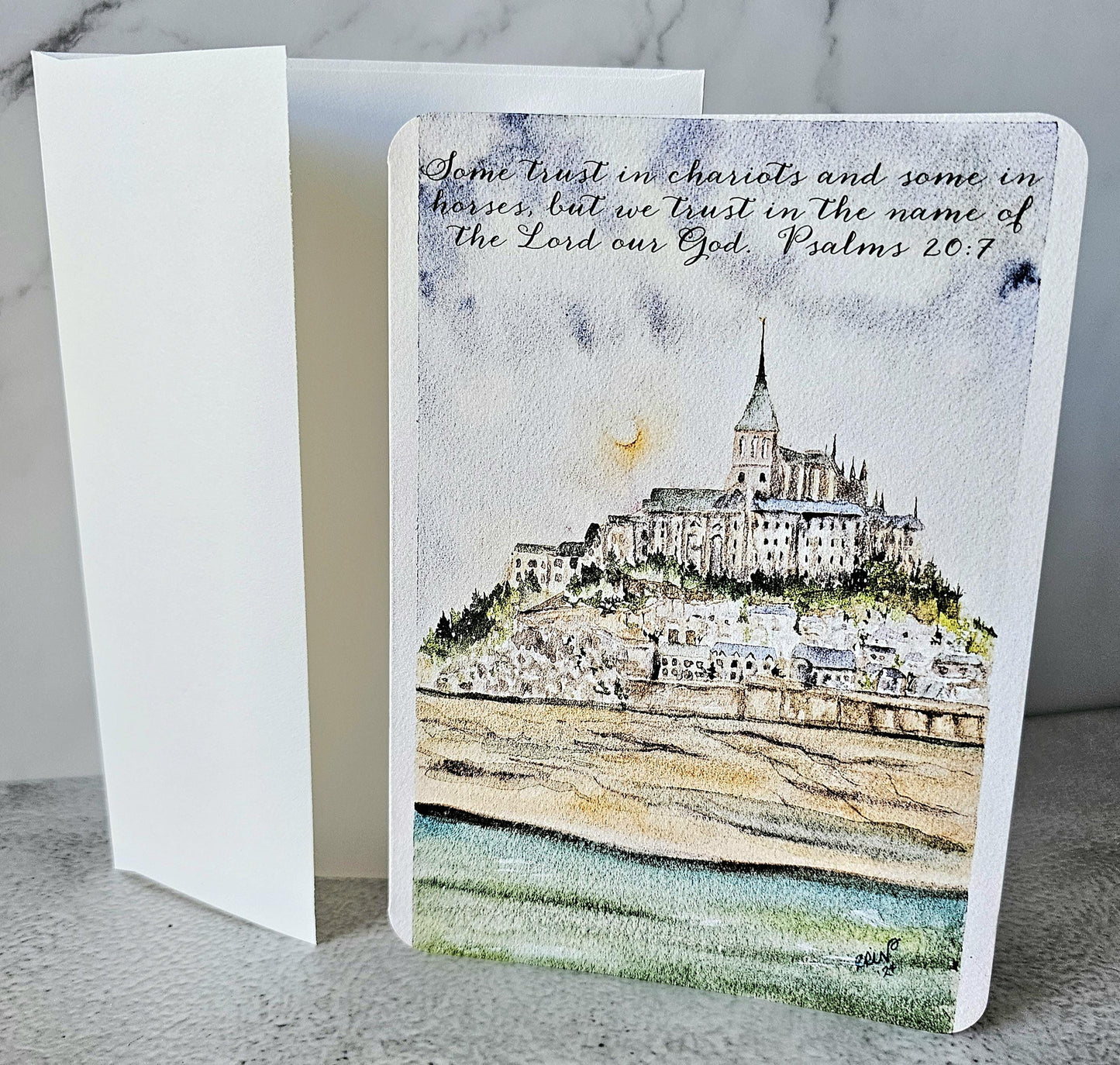 Mont. St Michel Landscape Watercolor Print Greeting Card: Christian Verse (5x7)