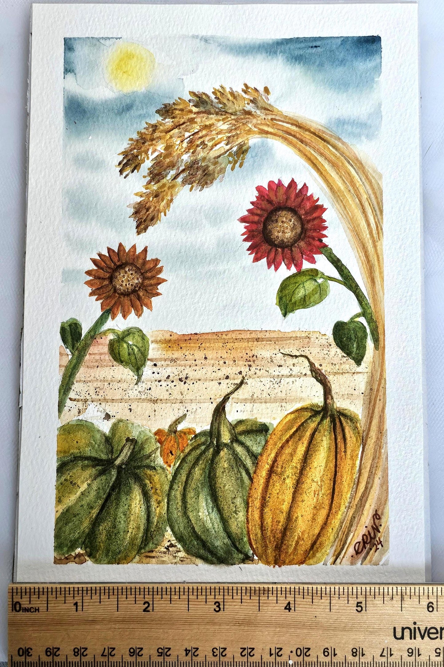 Original Watercolor Art Painting 'Grateful Harvest' Unframed 9x6 Autumn Fall Thanksgiving Theme
