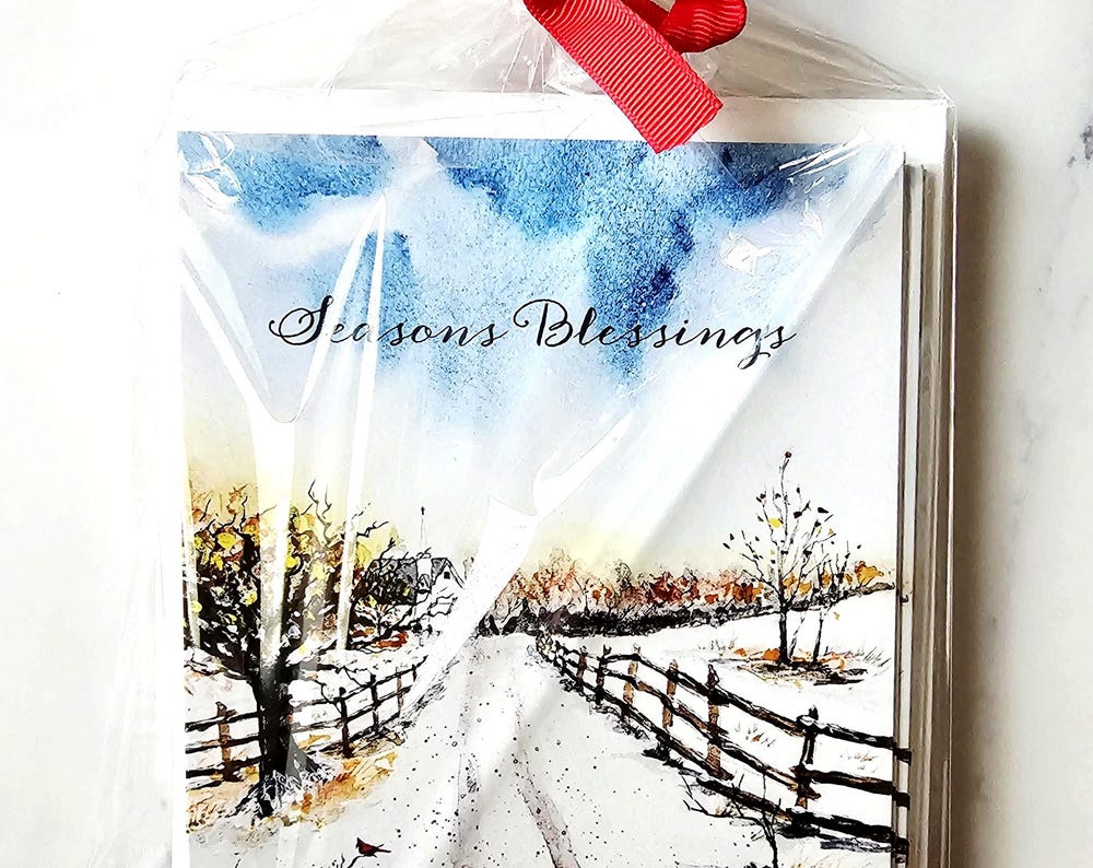 Watercolor Christmas Cards Set: Winter Church Scene