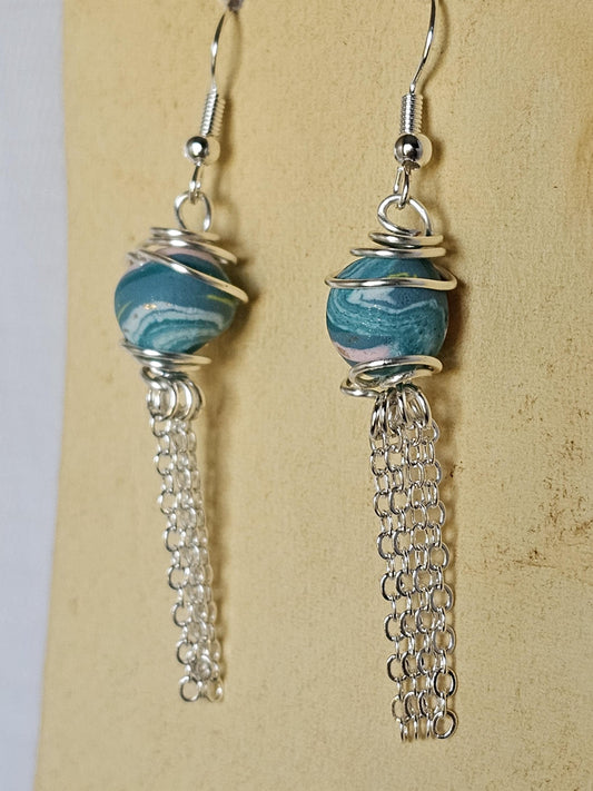 Artisan Turquoise Clay Bead Dangle Earrings with Silver Chain Tassel