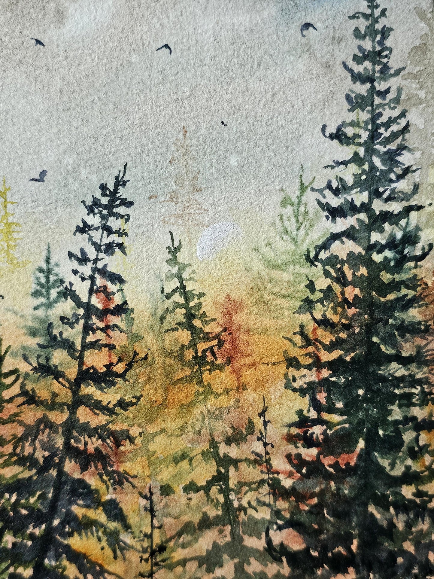 Original Watercolor Art Painting 'Caramel Sunrise' Unframed 8.5x6.5" With Backing & Slipcover