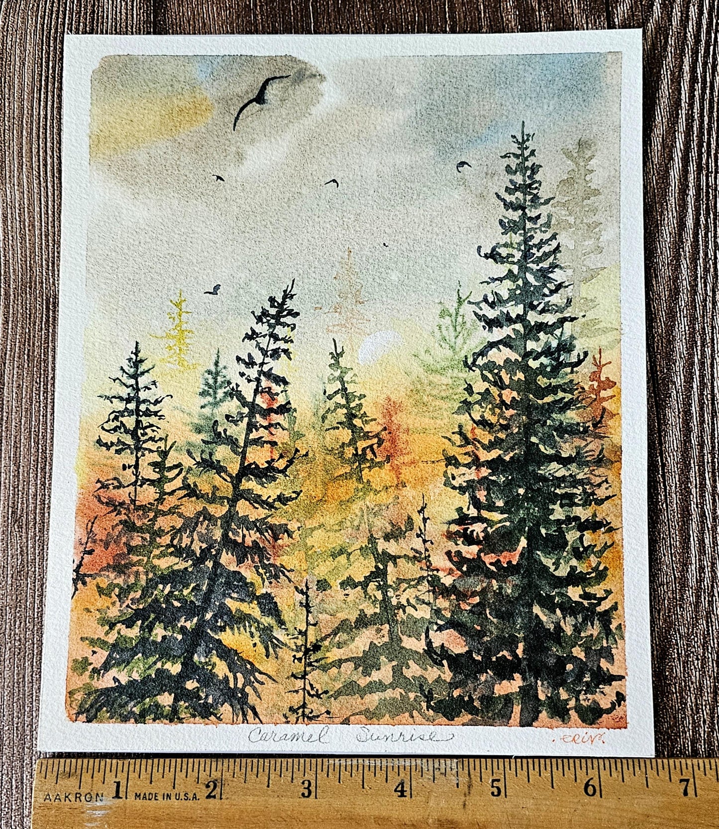 Original Watercolor Art Painting 'Caramel Sunrise' Unframed 8.5x6.5" With Backing & Slipcover