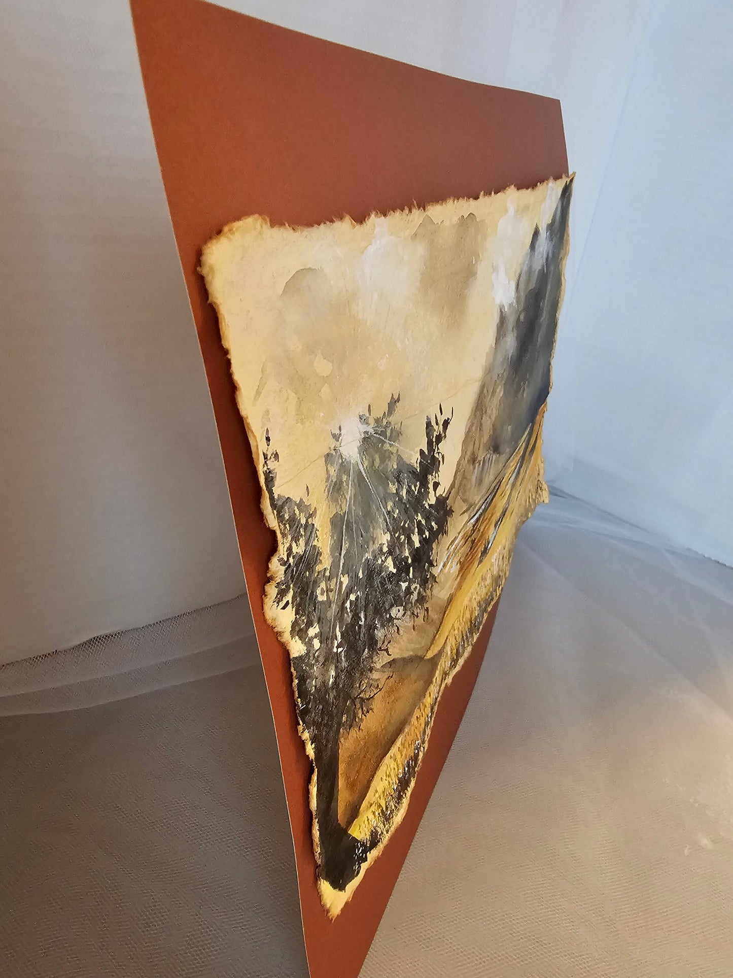 Original Watercolor Painting of 'A Far Away Place' on Burnt Edge Parchment 12x10.5"