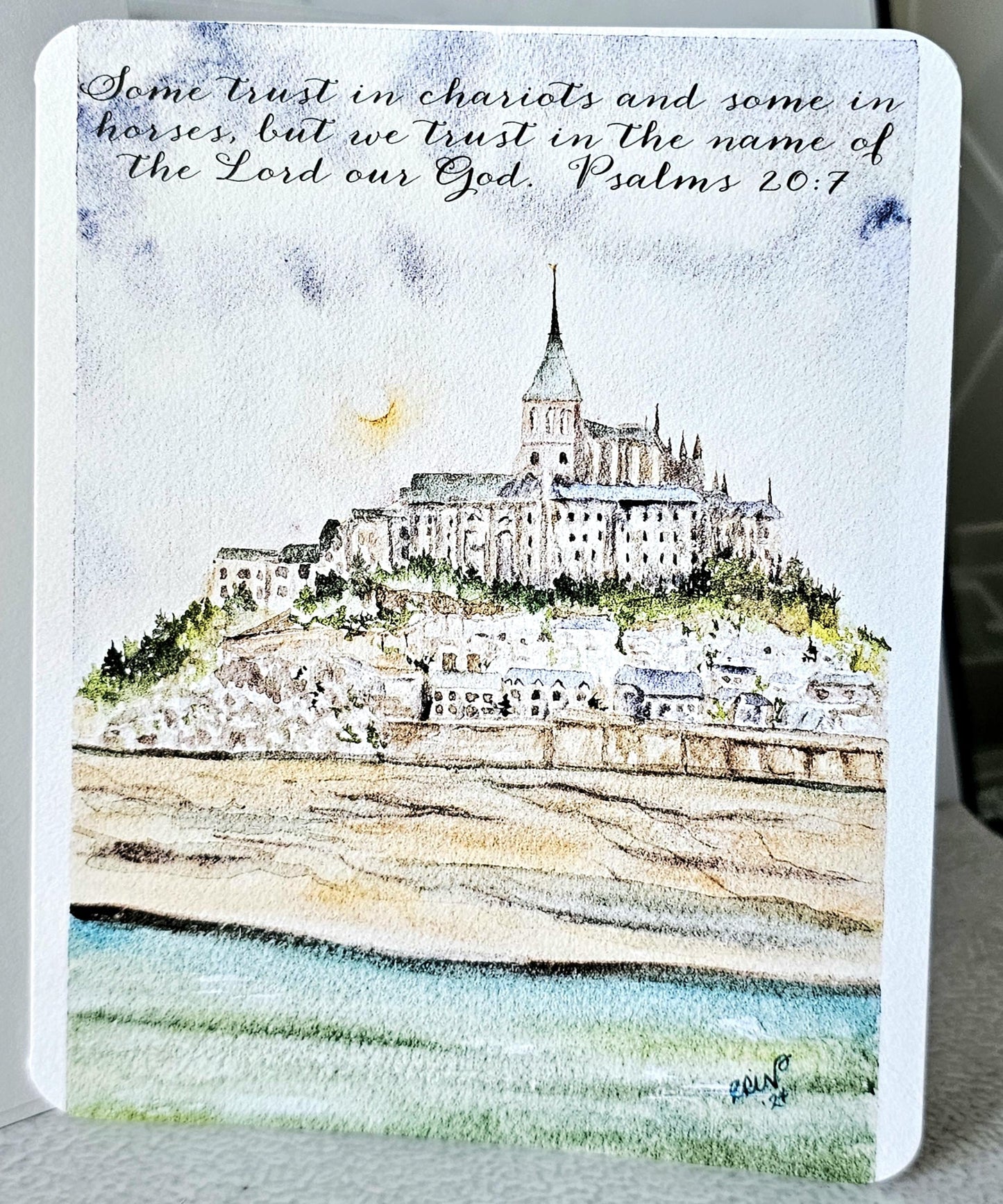 Mont St Michel Watercolor Print Greeting Cards: Christian Verse, Set of 5
