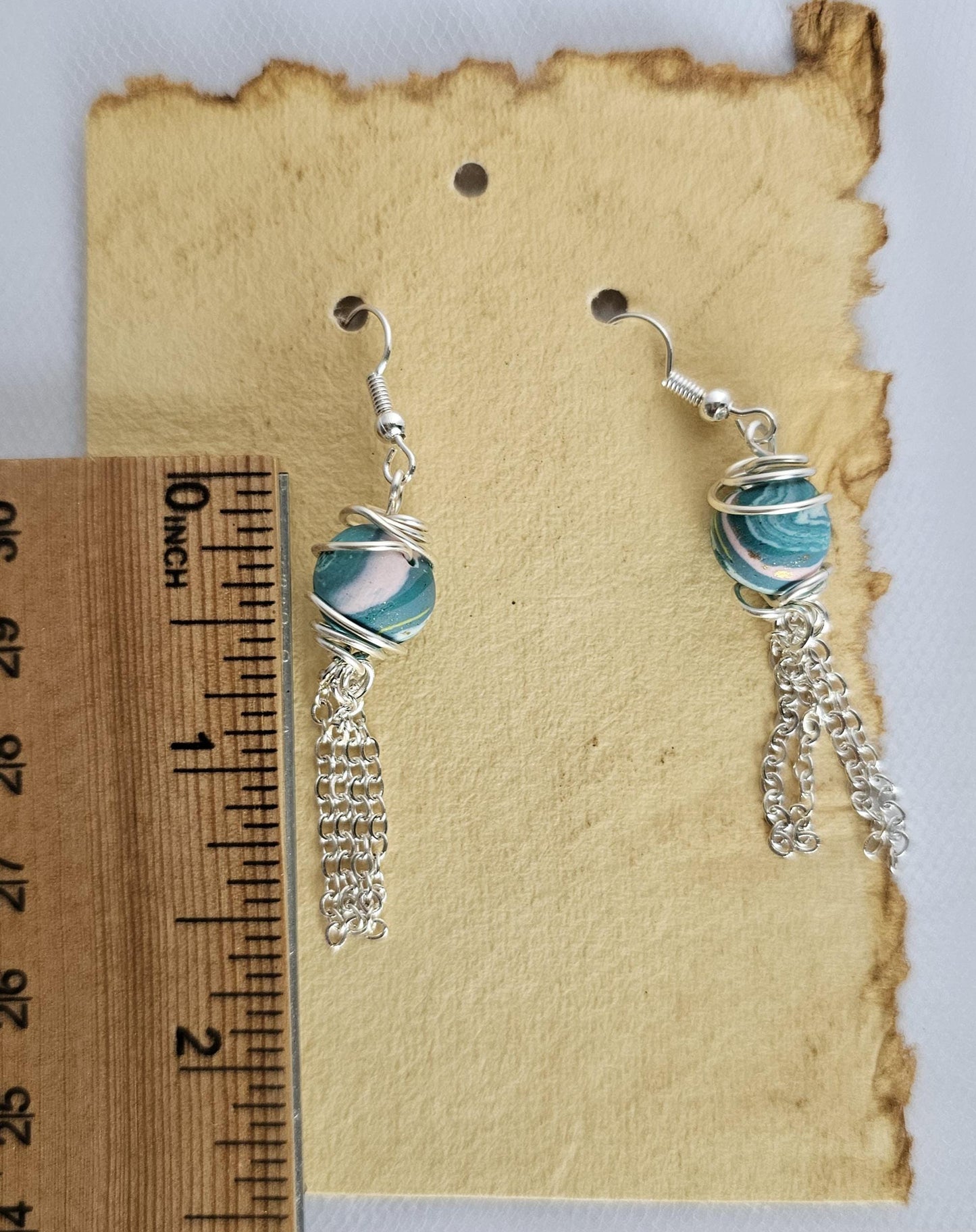 Artisan Turquoise Clay Bead Dangle Earrings with Silver Chain Tassel