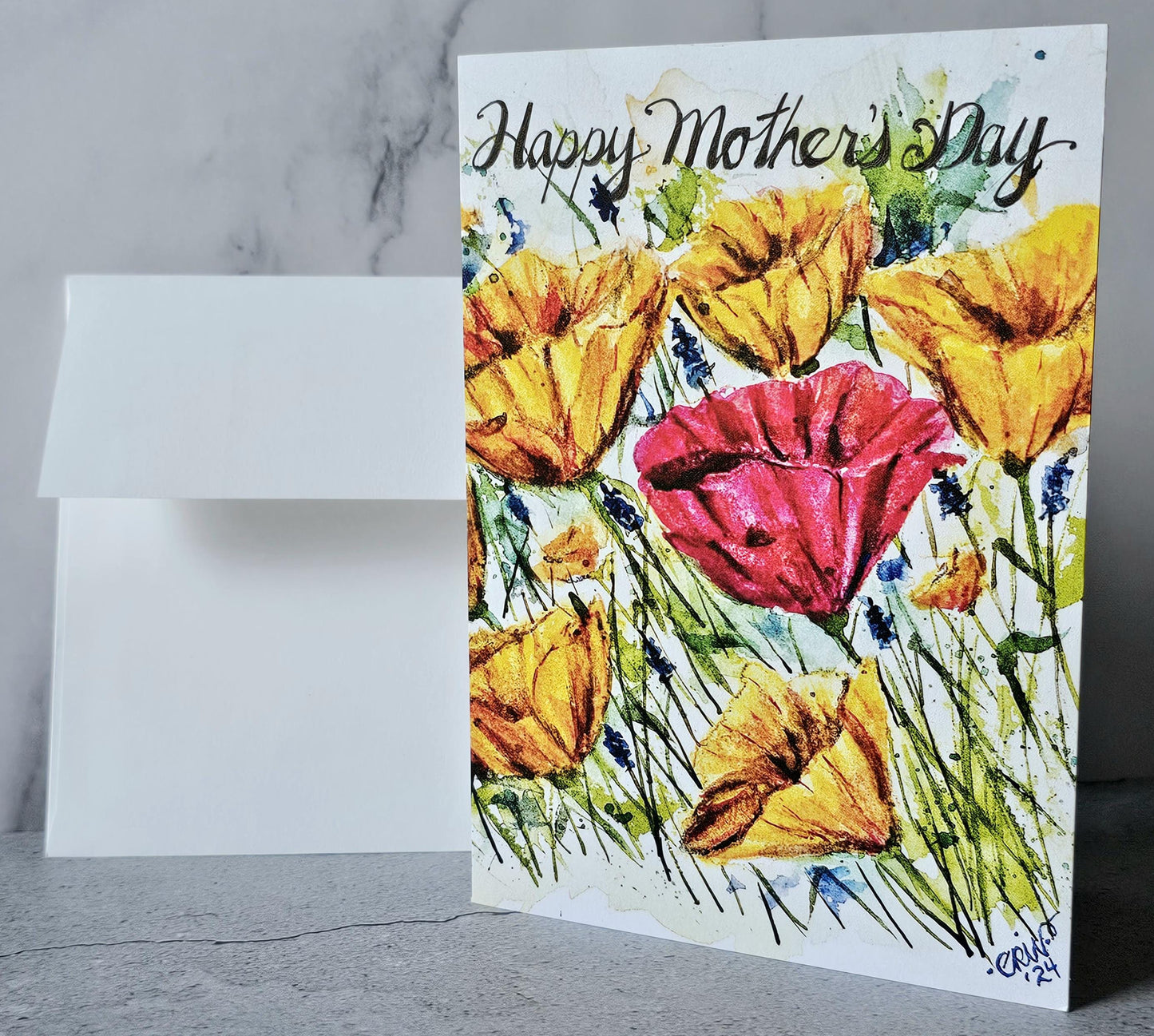 Watercolor Poppies Mother's Day Card: Original Art, 5x7 with Envelope