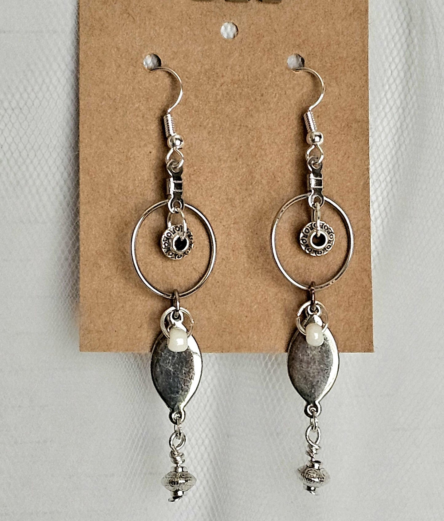 Handmade Silver Tone Hoop Earrings: White Beads, Hypoallergenic Hooks