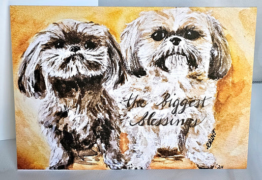 Shih Tzu Pups Watercolor Greeting Card: Christian Art, 'Biggest Blessings' (5x7)