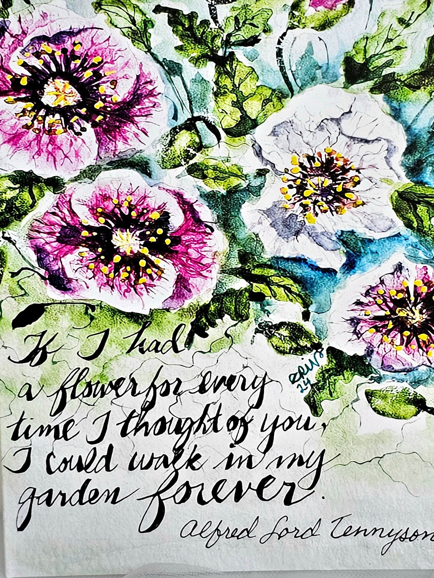 Watercolor Poppies Art Print Greeting Card: Tennyson Friend Saying
