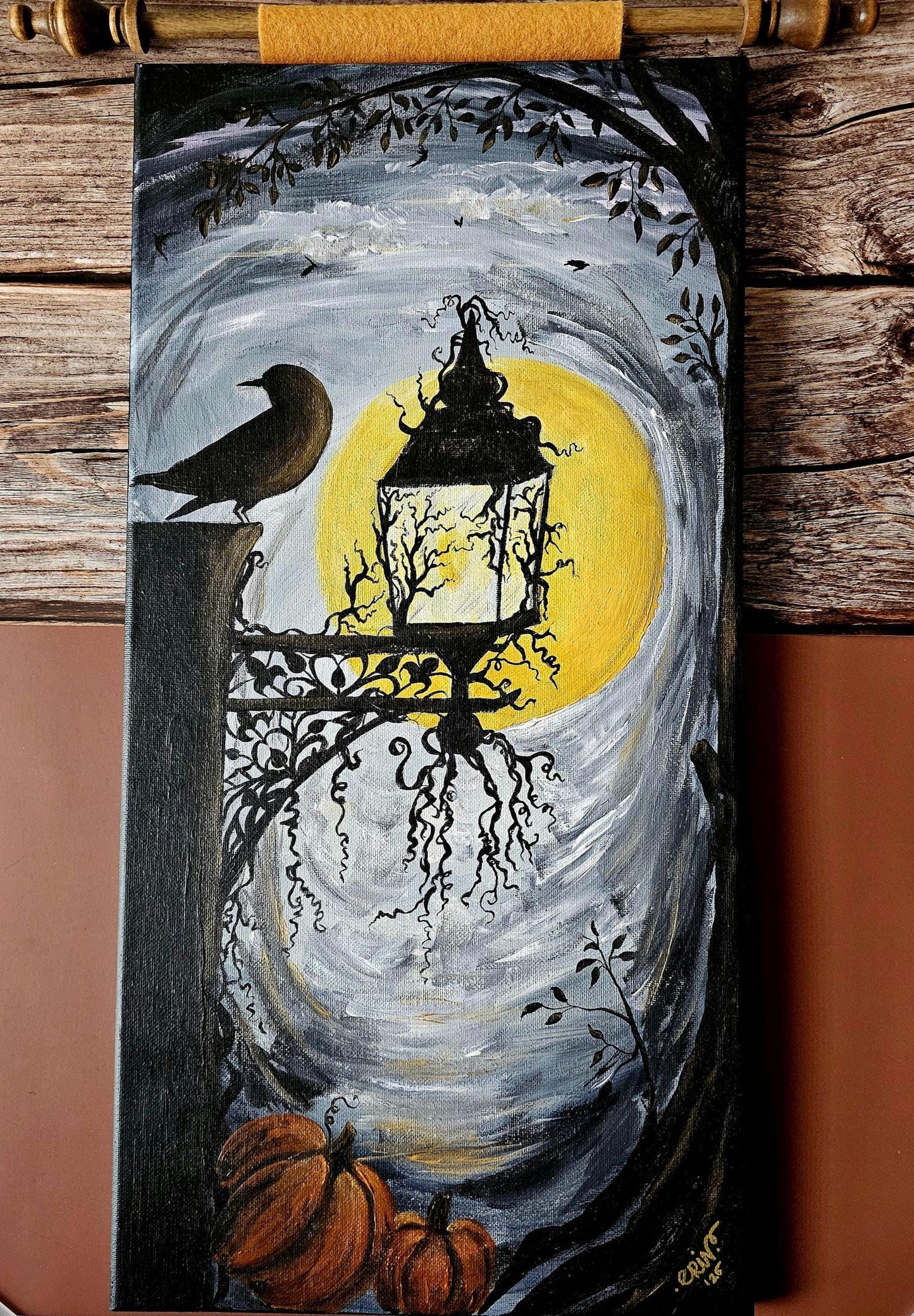 Original Acrylic Fall Painting: Lantern with Pumpkins, Dowel Hanger - 20x10