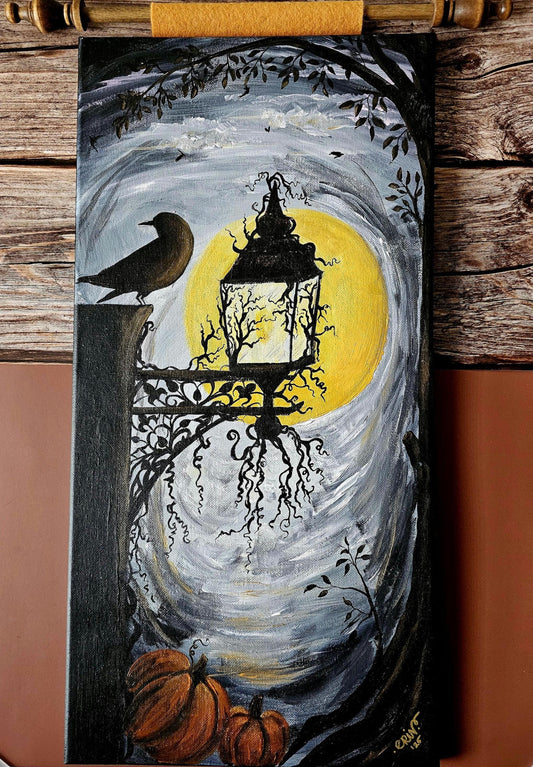 Original Acrylic Fall Painting: Lantern with Pumpkins, Dowel Hanger - 20x10