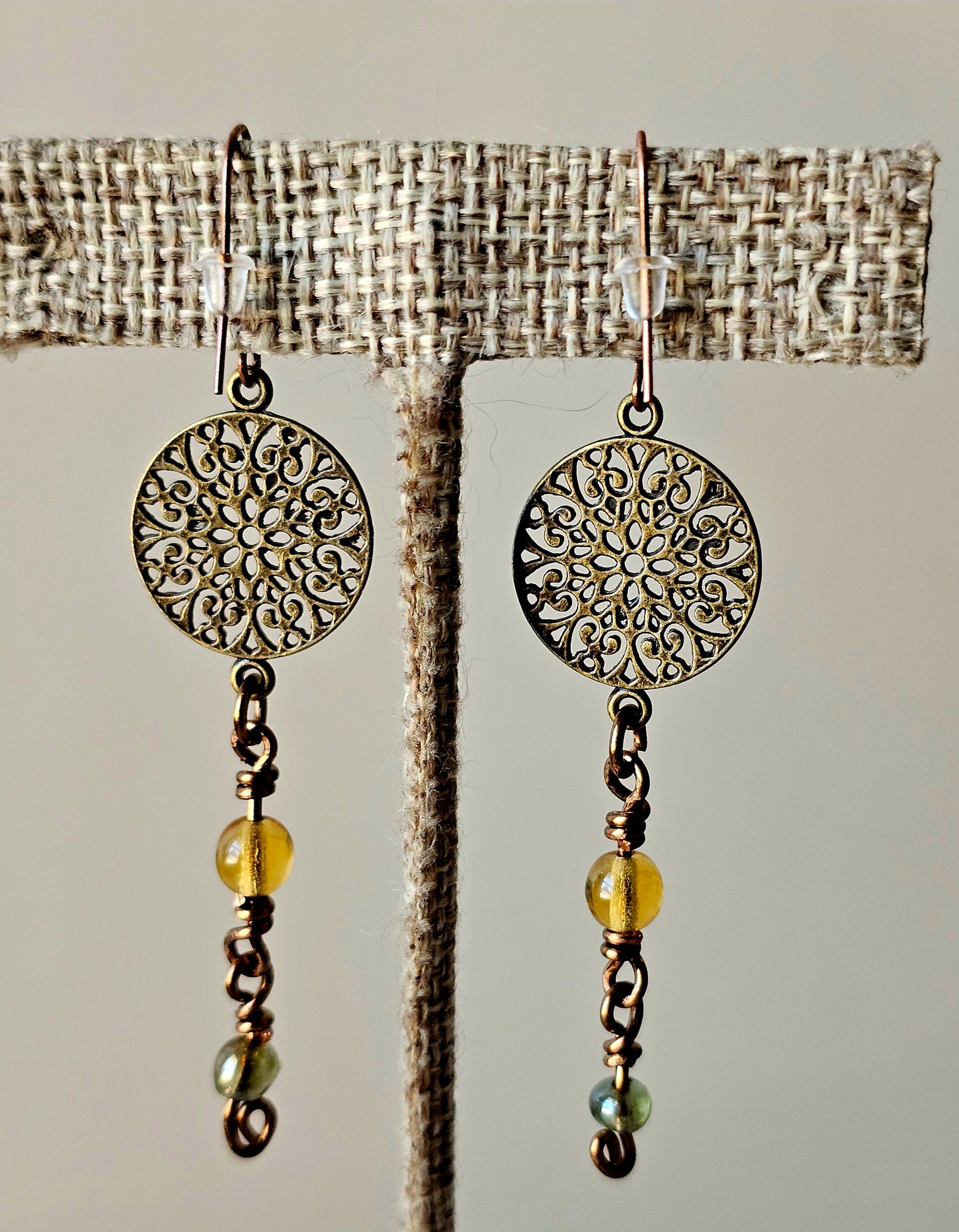 Artisan Antique Bronze Mandala Charm Earrings with Green & Yellow Glass Beads