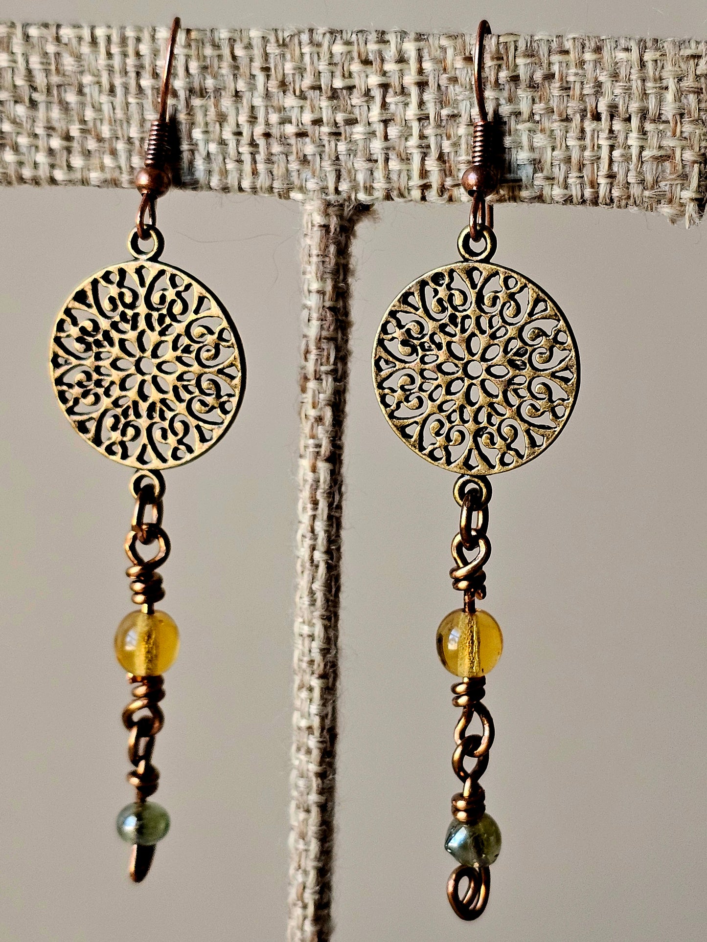 Artisan Antique Bronze Mandala Charm Earrings with Green & Yellow Glass Beads