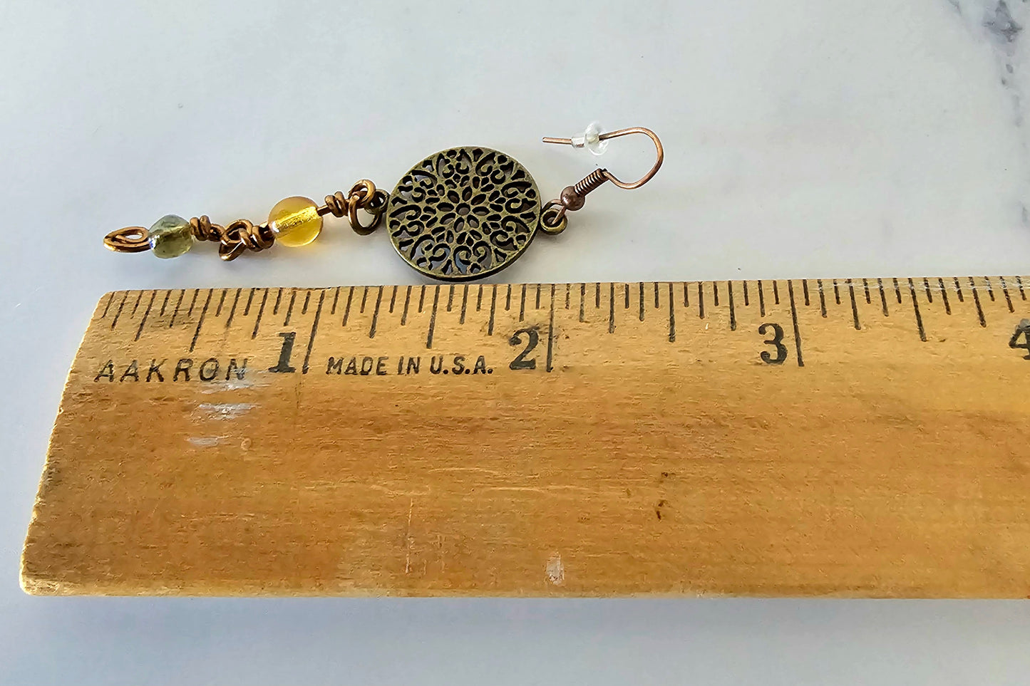 Artisan Antique Bronze Mandala Charm Earrings with Green & Yellow Glass Beads