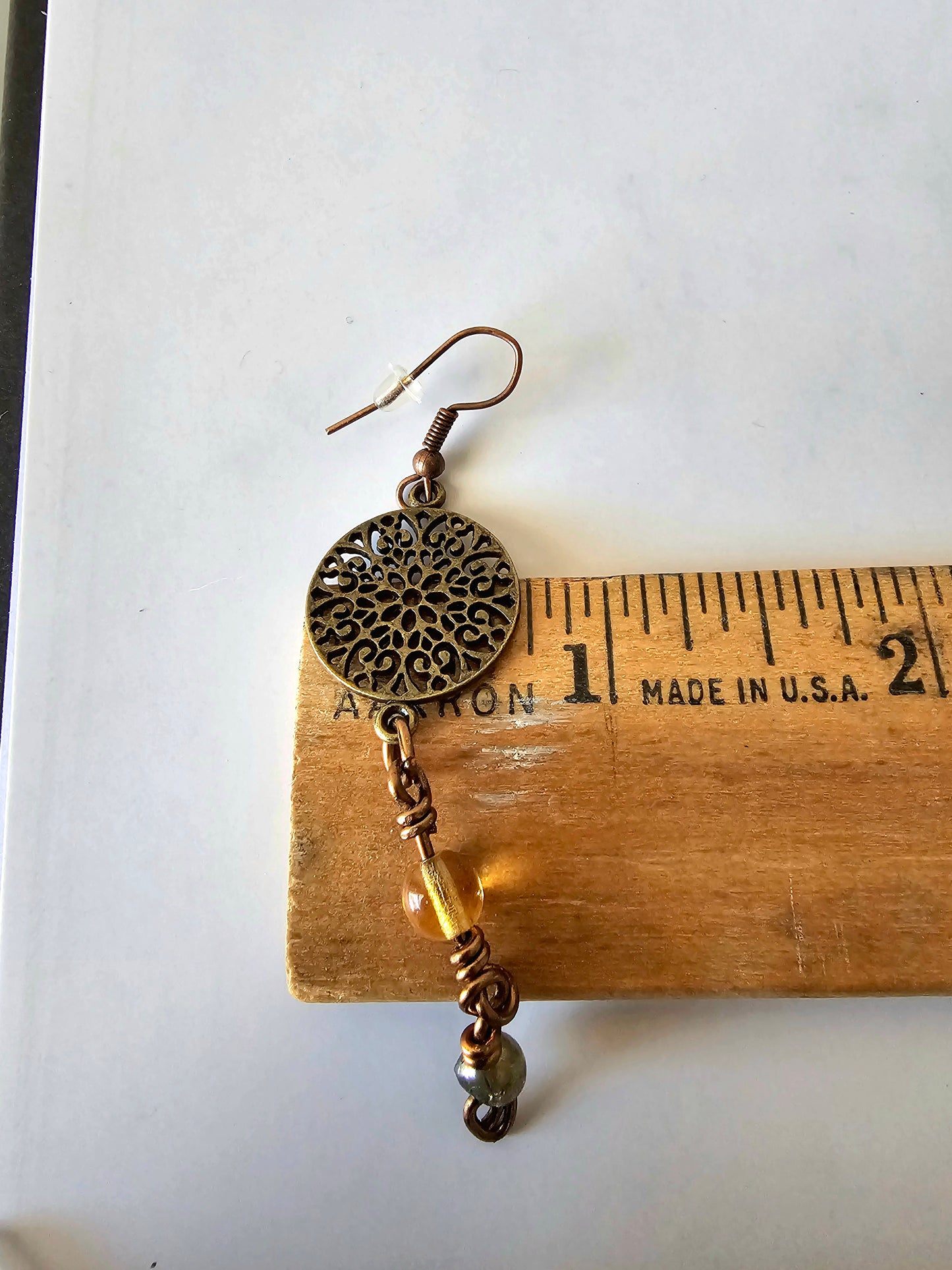Artisan Antique Bronze Mandala Charm Earrings with Green & Yellow Glass Beads