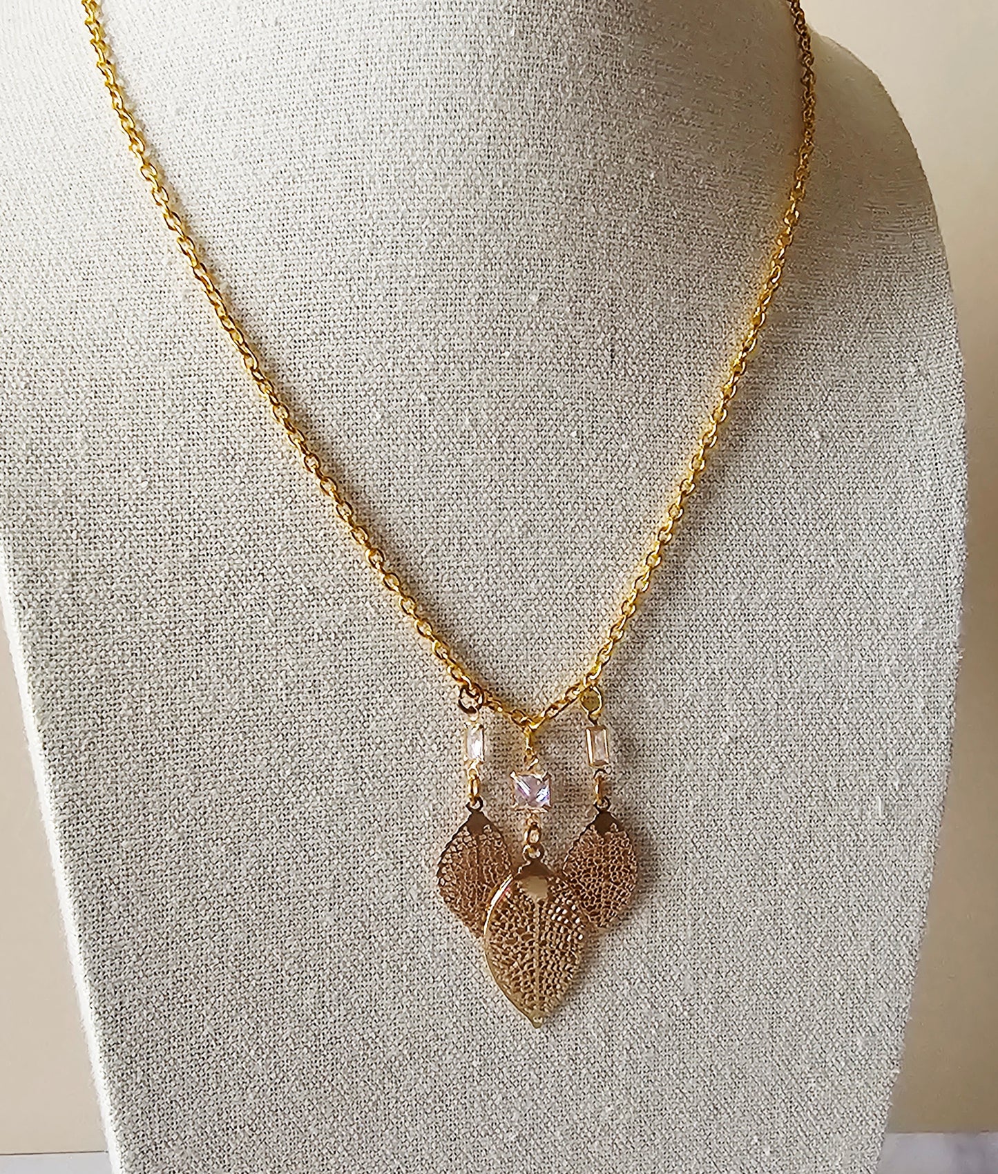3-Gold Leaf & Clear Rhinestone Bezel Boho Necklace on Yellow Gold Chain