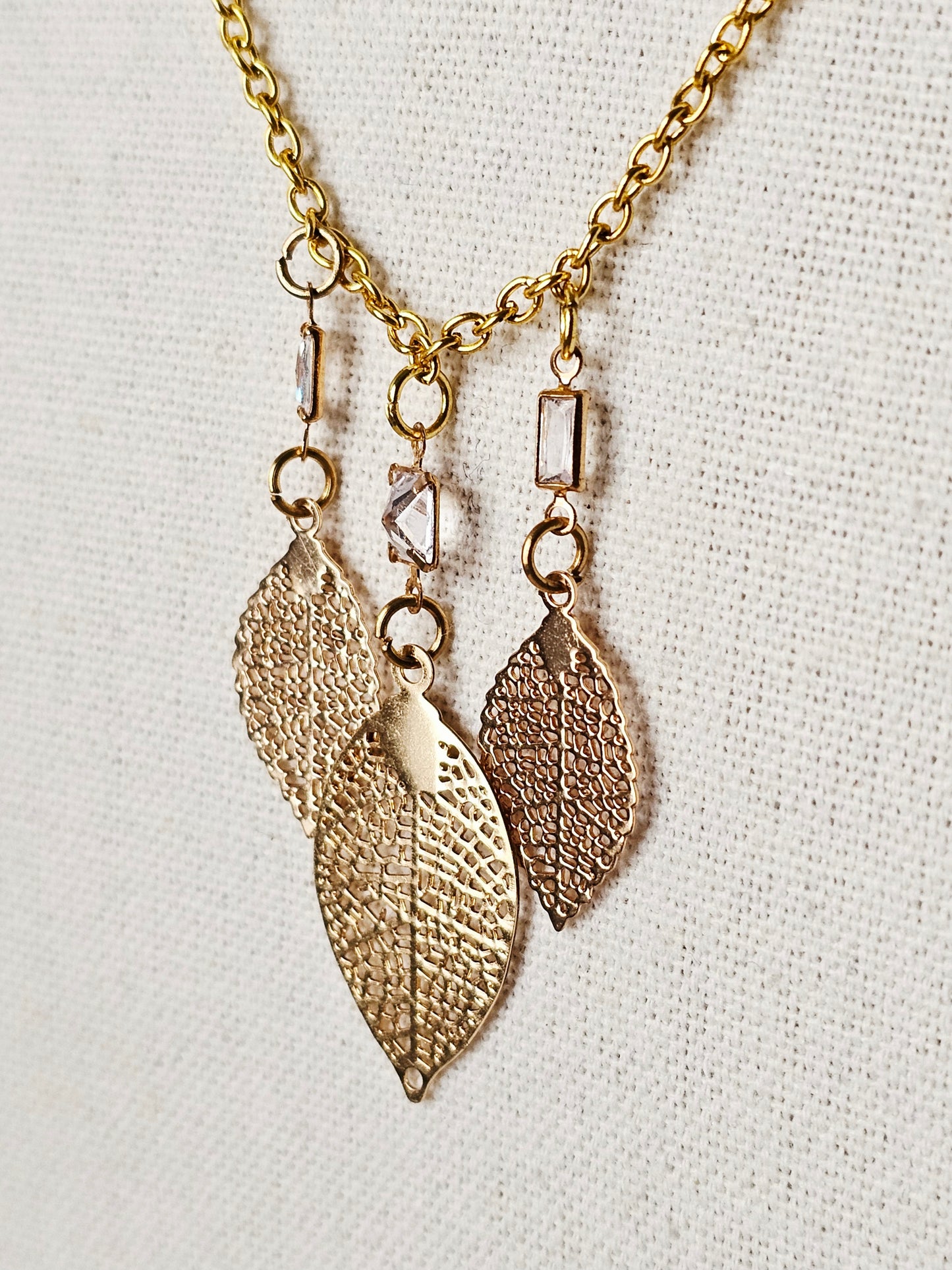 3-Gold Leaf & Clear Rhinestone Bezel Boho Necklace on Yellow Gold Chain