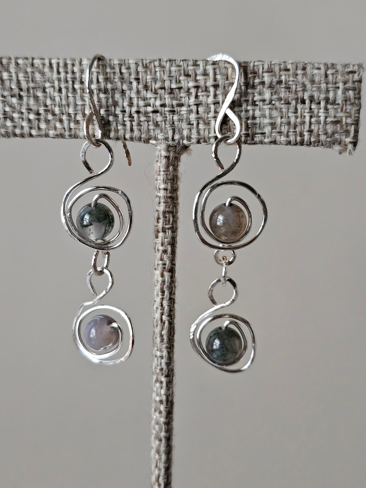 Artisan Silver Plated Green Jasper Wire Wrapped Circular Drop Earrings