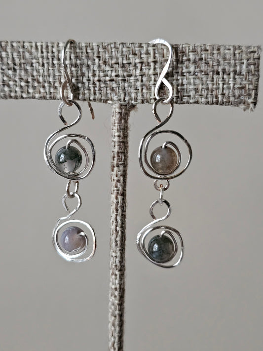 Artisan Silver Plated Green Jasper Wire Wrapped Circular Drop Earrings