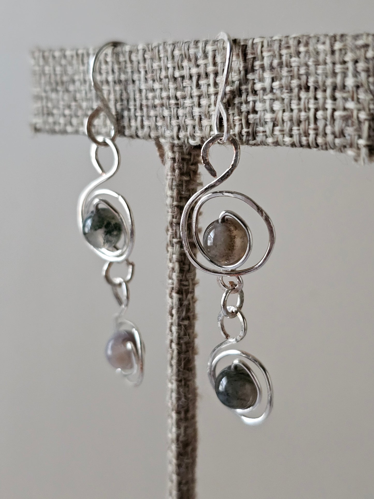 Artisan Silver Plated Green Jasper Wire Wrapped Circular Drop Earrings