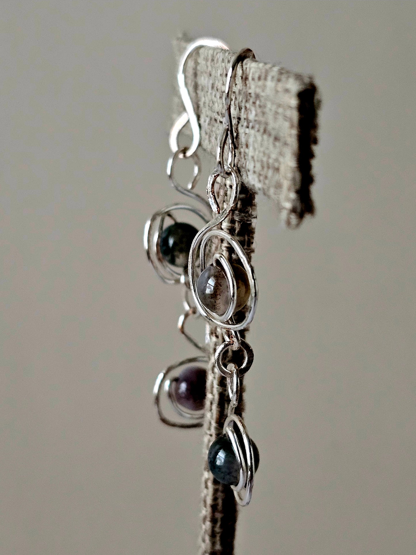 Artisan Silver Plated Green Jasper Wire Wrapped Circular Drop Earrings