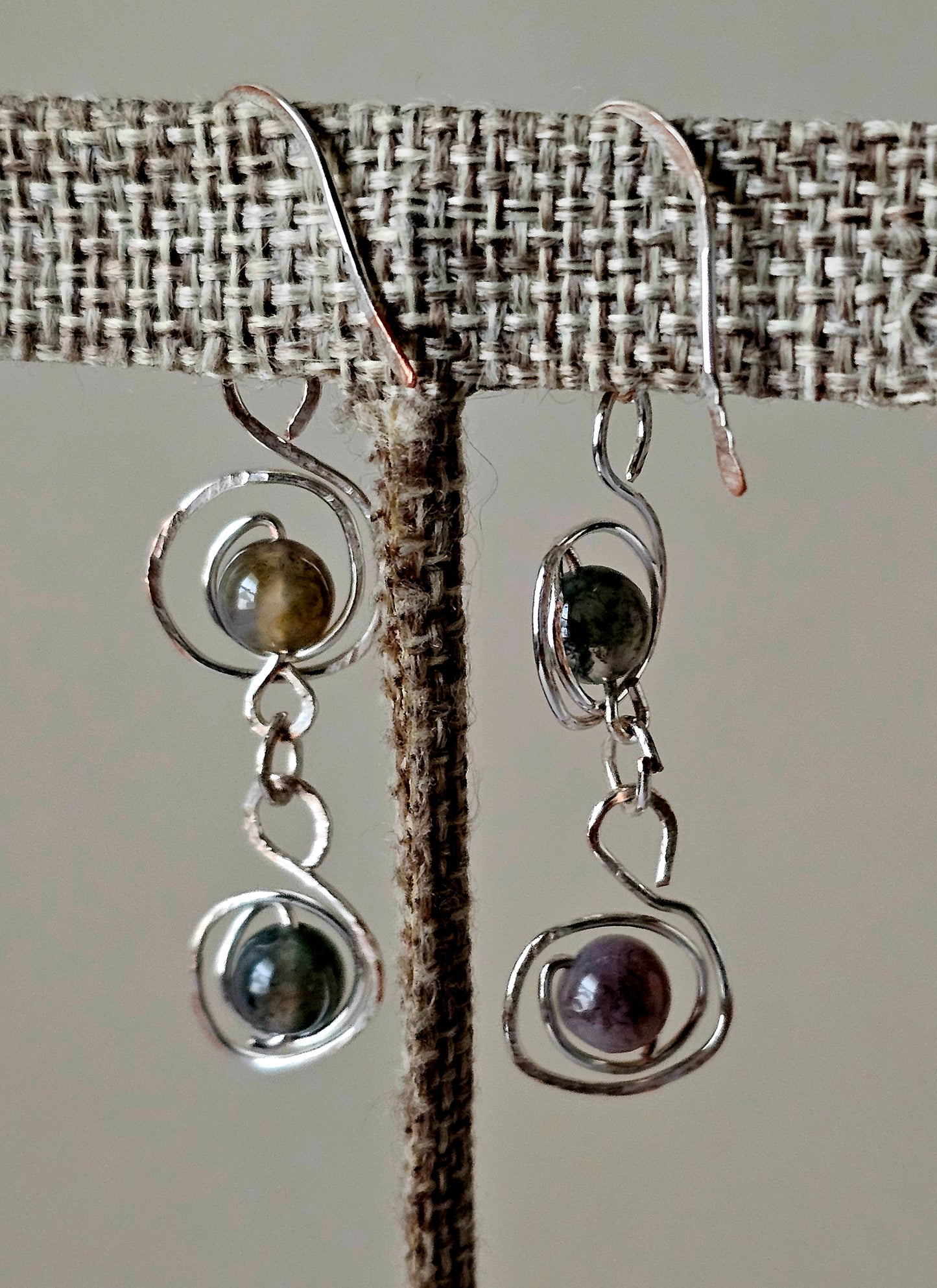 Artisan Silver Plated Green Jasper Wire Wrapped Circular Drop Earrings