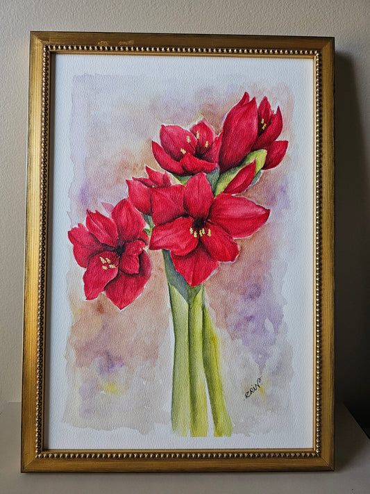 Red Amaryllis Original Watercolor Painting With Gold Bead Wood Frame 16.5 x 11.5"