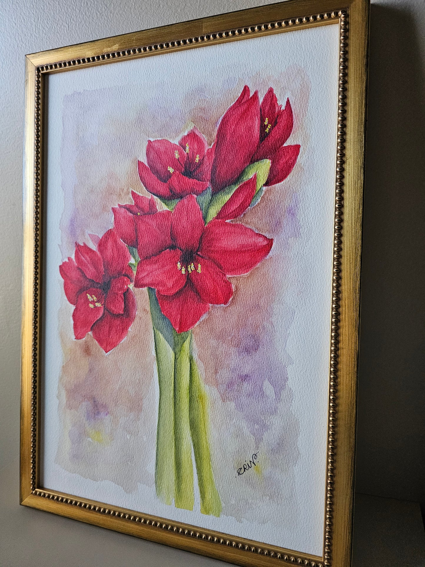 Red Amaryllis Original Watercolor Painting With Gold Bead Wood Frame 16.5 x 11.5"