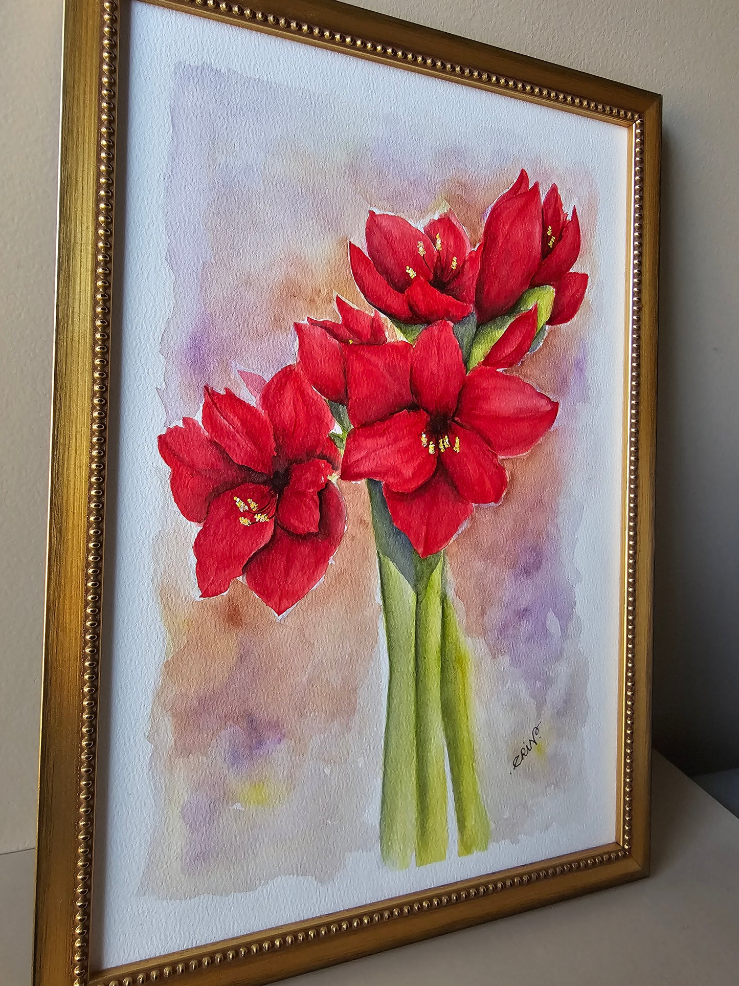 Red Amaryllis Original Watercolor Painting With Gold Bead Wood Frame 16.5 x 11.5"
