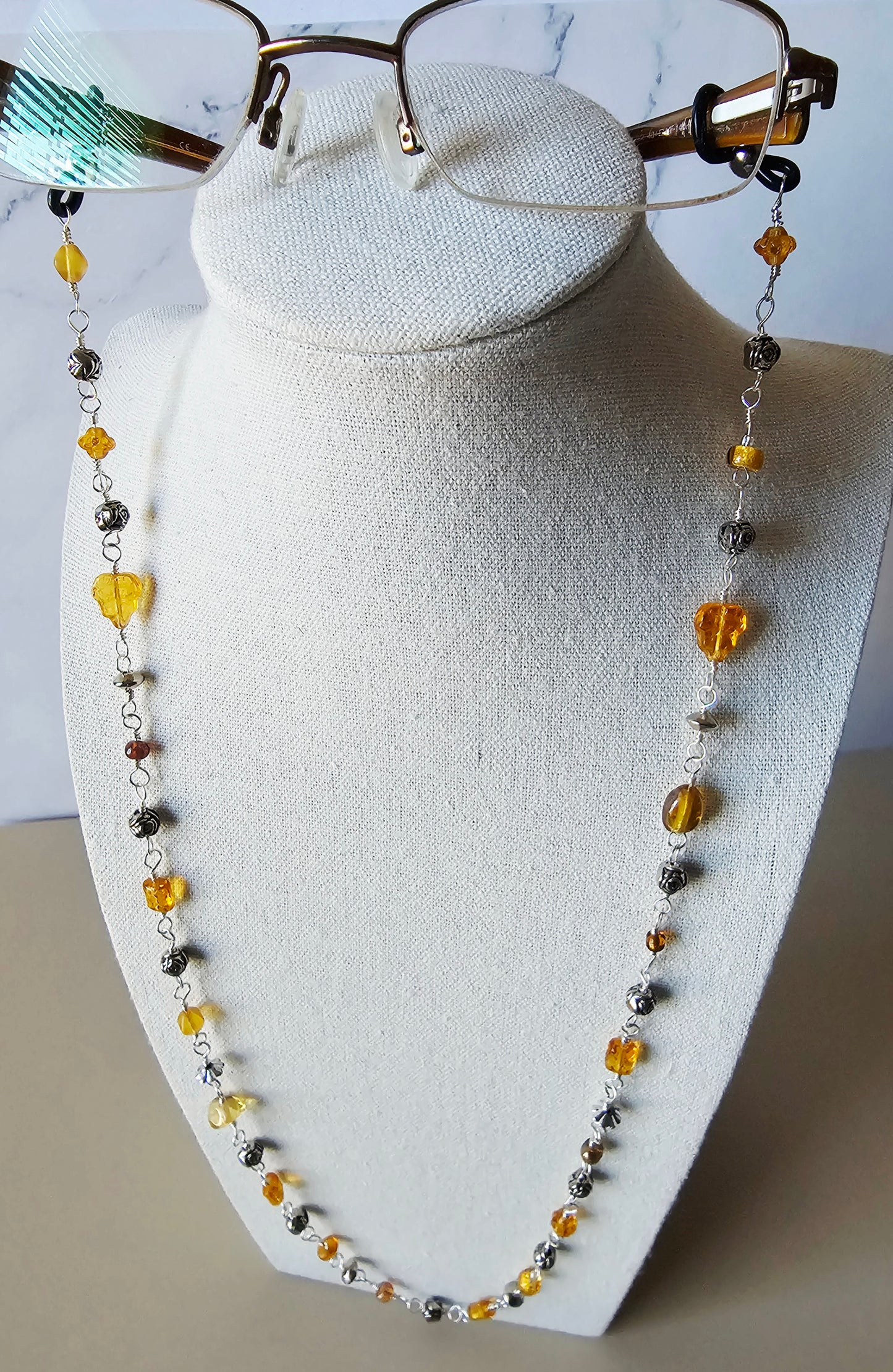 Artisan Amber Tone Glass & Silver Bead Eyeglass Chain with Silver Wiring 28" Black Grips
