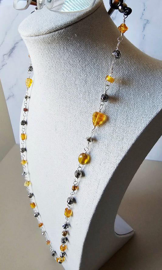 Artisan Amber Tone Glass & Silver Bead Eyeglass Chain with Silver Wiring 28" Black Grips