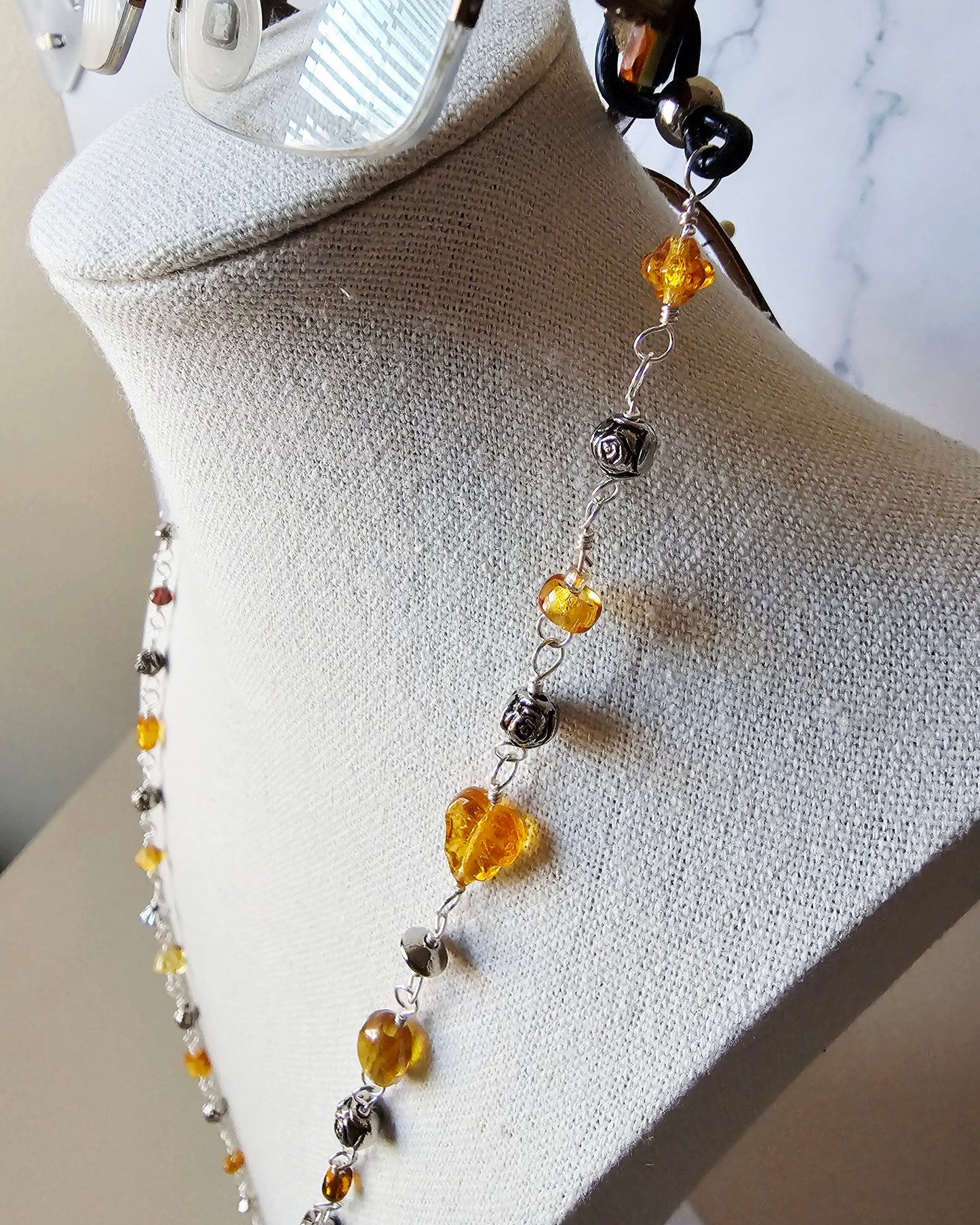 Artisan Amber Tone Glass & Silver Bead Eyeglass Chain with Silver Wiring 28" Black Grips