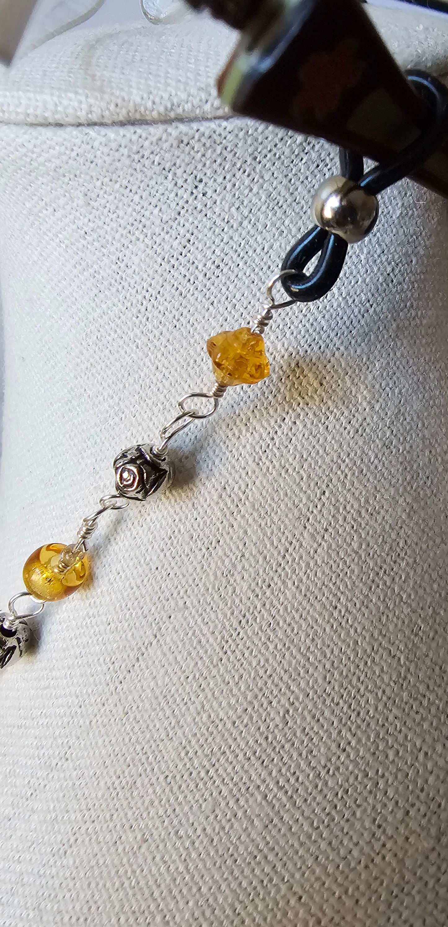 Artisan Amber Tone Glass & Silver Bead Eyeglass Chain with Silver Wiring 28" Black Grips