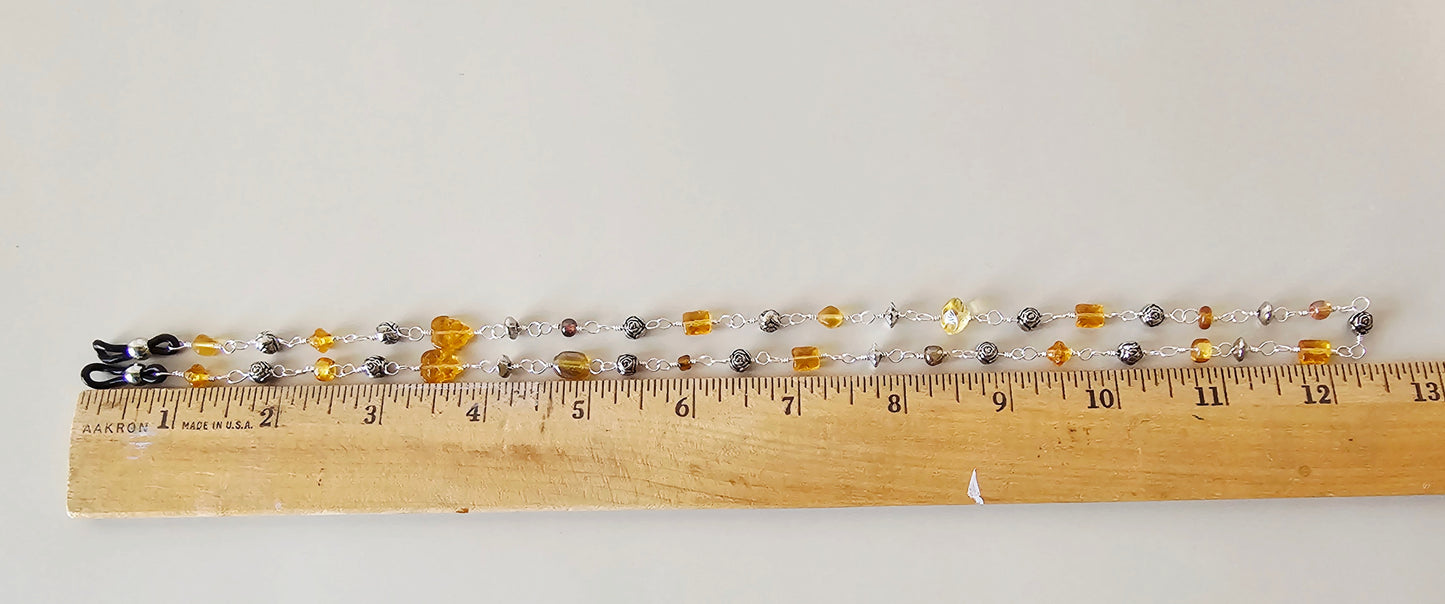 Artisan Amber Tone Glass & Silver Bead Eyeglass Chain with Silver Wiring 28" Black Grips